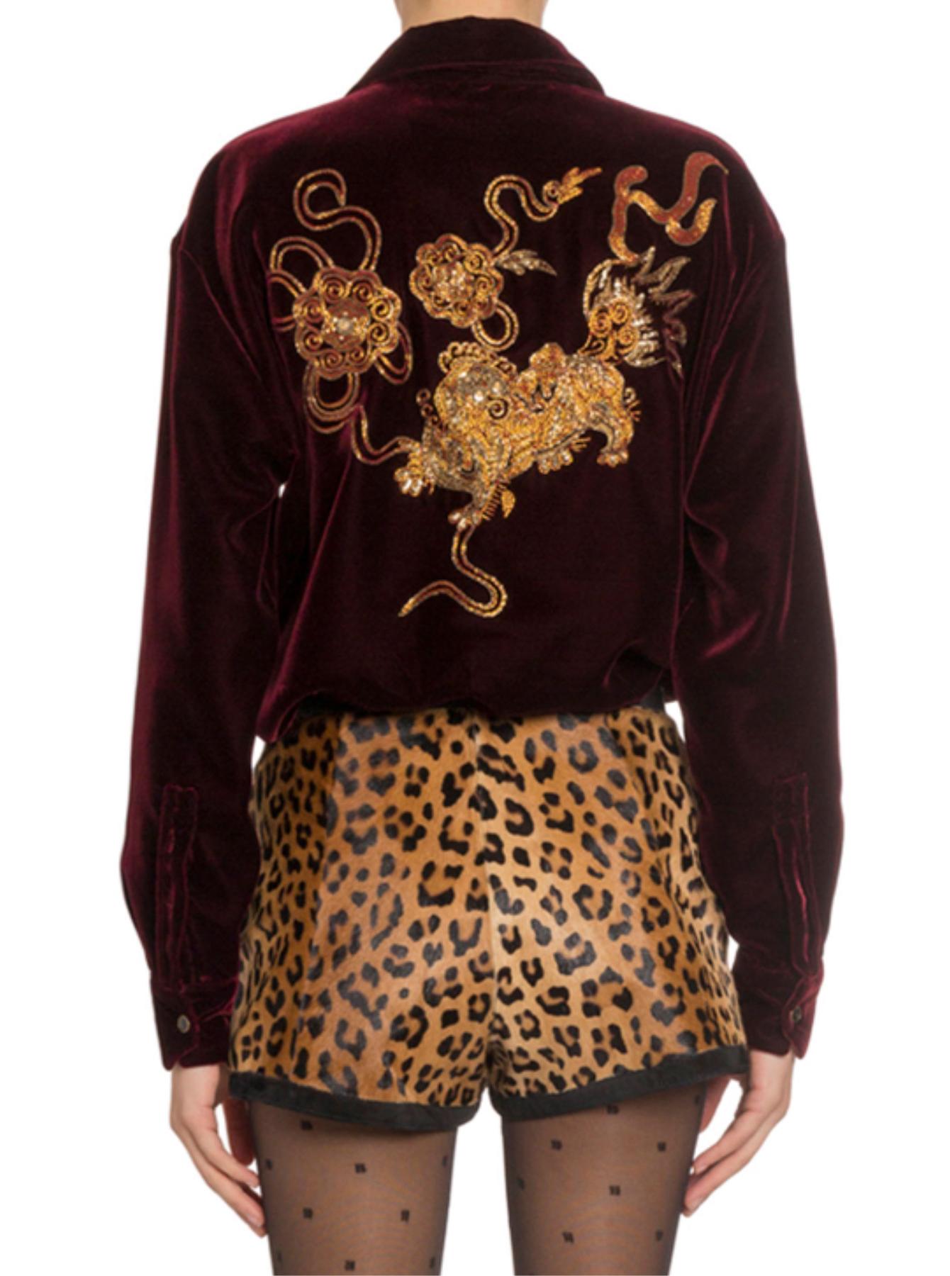 Saint Laurent Fall 2019 Runway Burgundy Velvet Embroidered Shirt Size 38 1