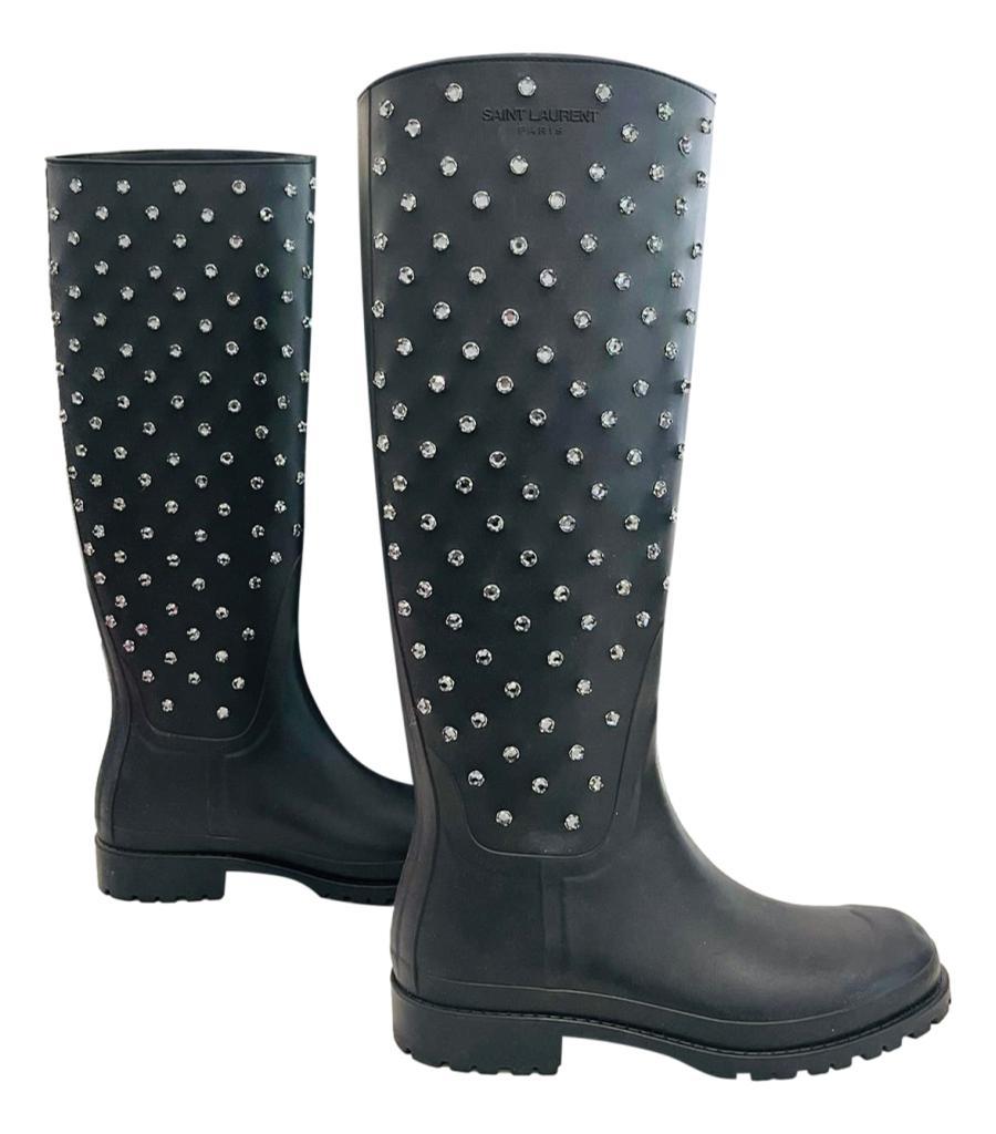 Black Saint Laurent Festival 25 Crystal Studded Rubber Rain Boots For Sale