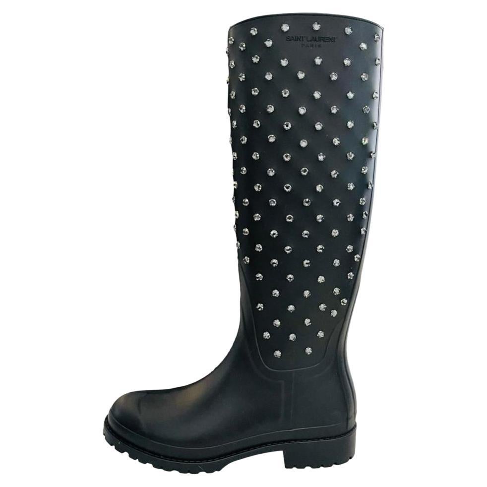 Saint Laurent Festival 25 Crystal Studded Rubber Rain Boots For Sale
