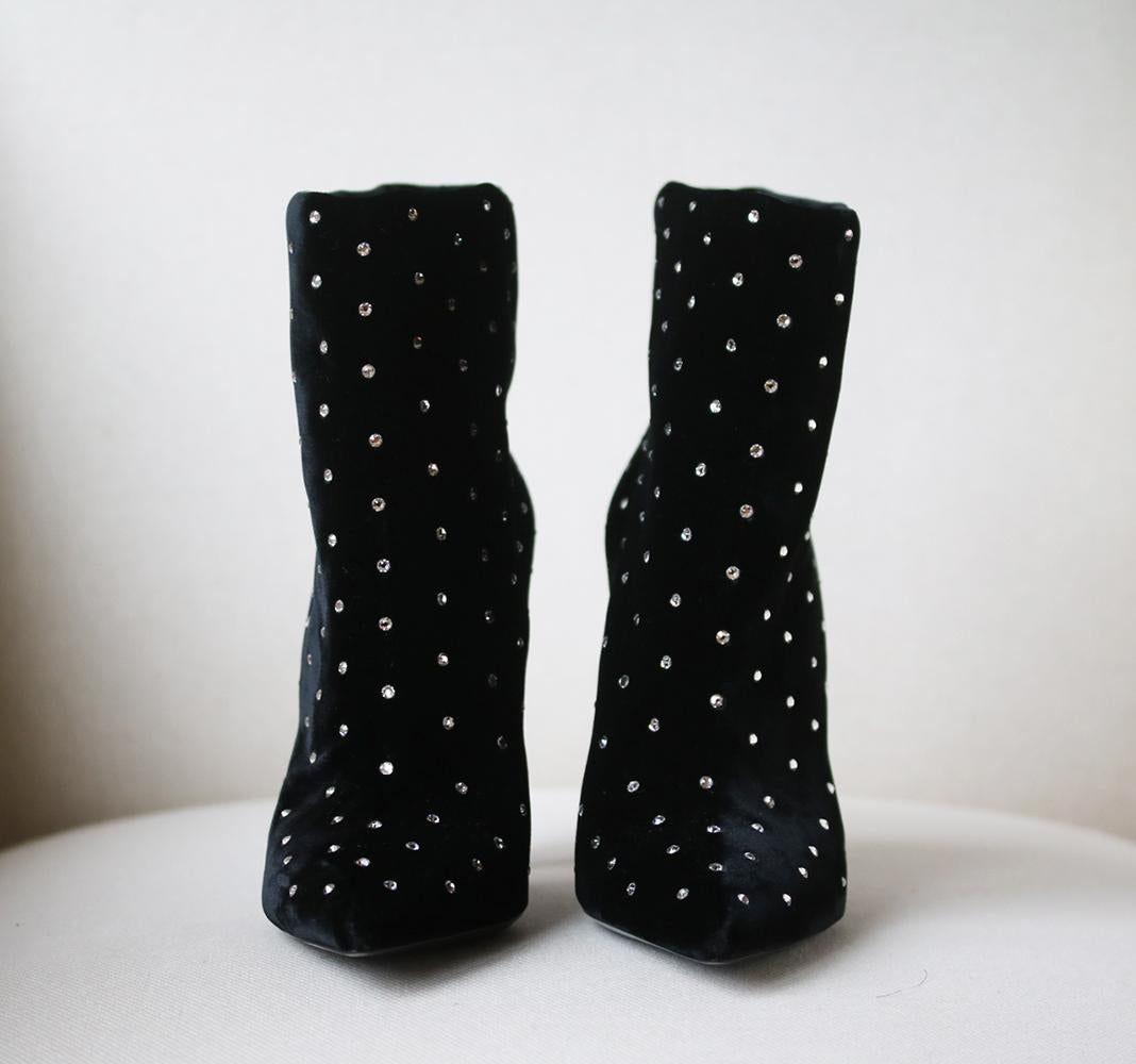 Black Saint Laurent Freja Studded Velvet Ankle Boots