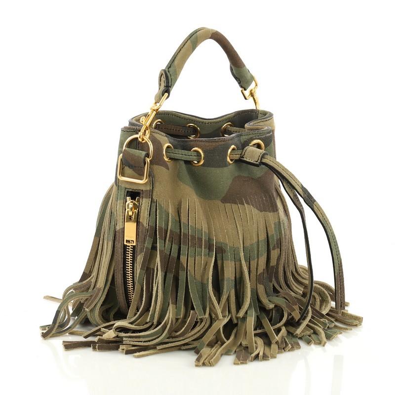 Brown Saint Laurent Fringe Emmanuelle Bucket Bag Printed Suede Small