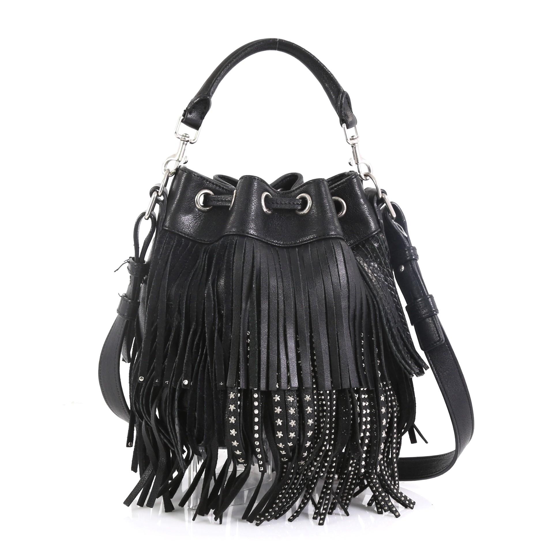 Black Saint Laurent Fringe Emmanuelle Bucket Bag Studded Leather Small