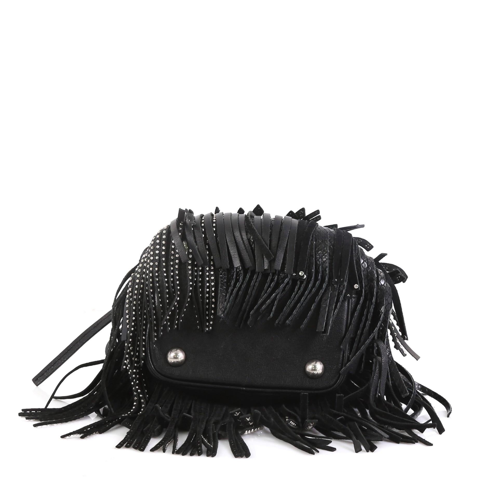 Saint Laurent Fringe Emmanuelle Bucket Bag Studded Leather Small In Good Condition In NY, NY