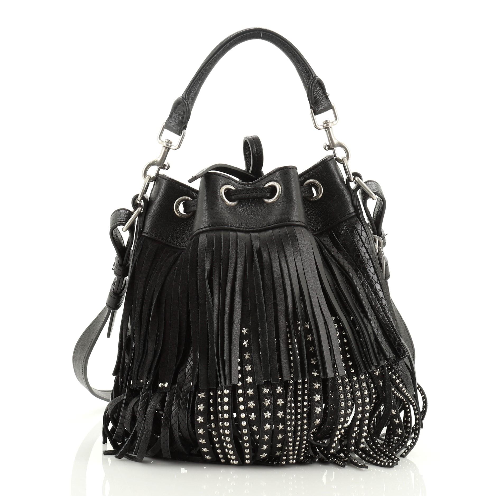 Black Saint Laurent Fringe Emmanuelle Bucket Bag Studded Leather Small