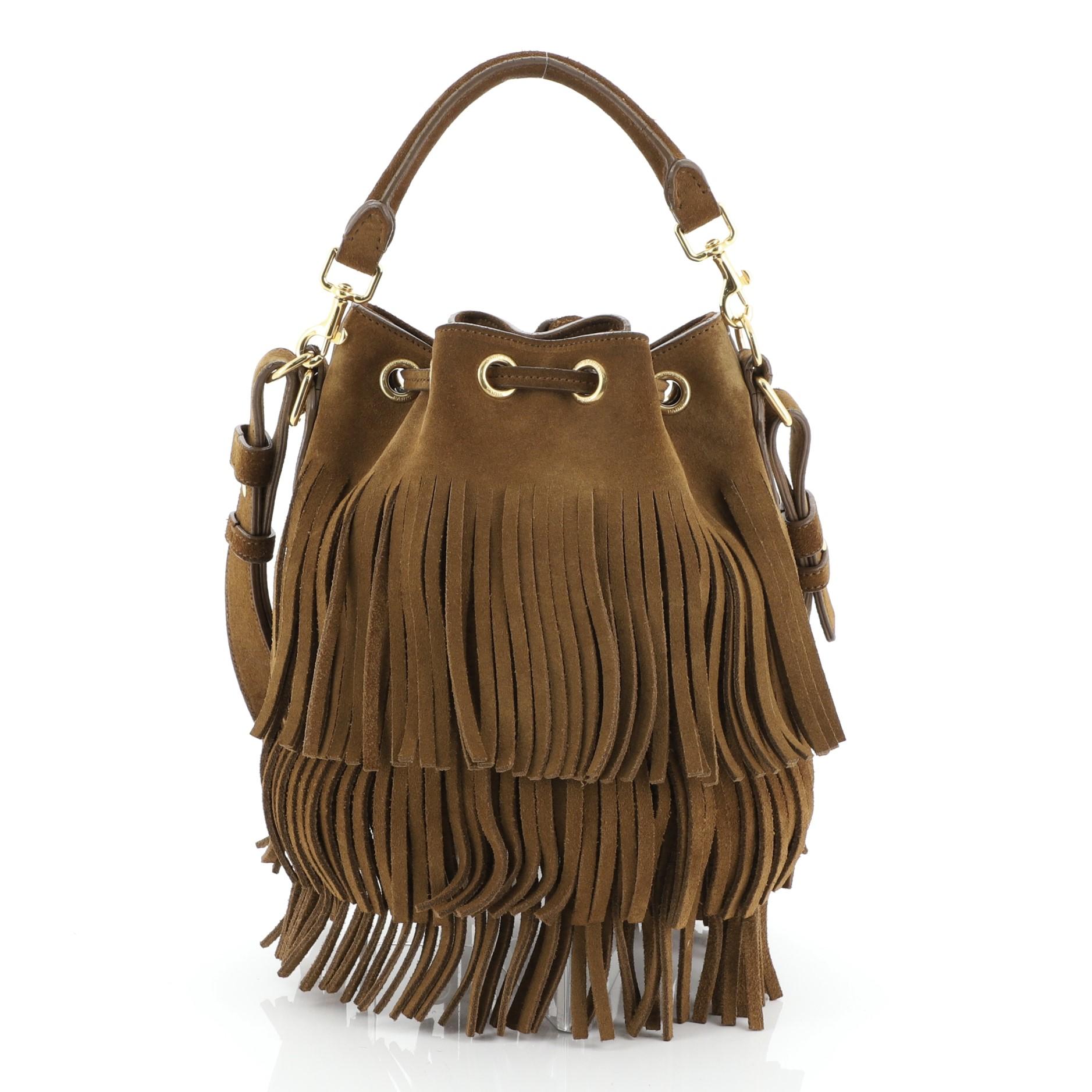 Brown Saint Laurent Fringe Emmanuelle Bucket Bag Suede Small