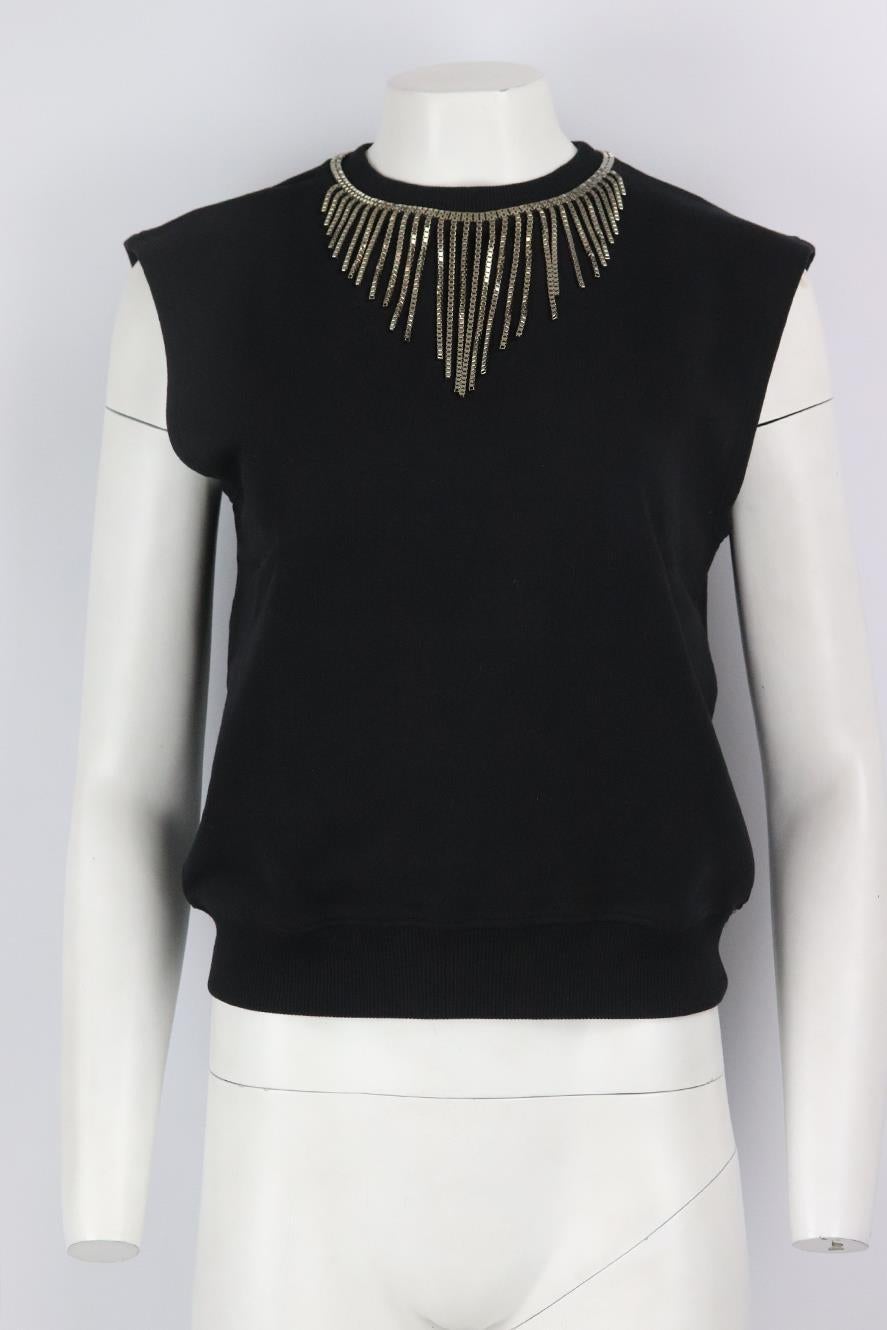 Saint Laurent fringed embellished cotton jersey top. Black. Sleeveless, crewneck. Slips on. 100% Cotton. FR 36 (UK 8, US 4, IT 40). Bust: 40 in. Waist: 38 in. Hips: 34 in. Length: 22 in
