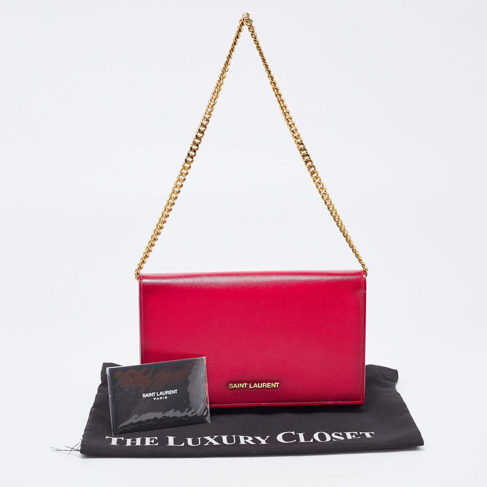 Saint Laurent Fuchsia Textured Patent Leather Classic Wallet on Chain 10