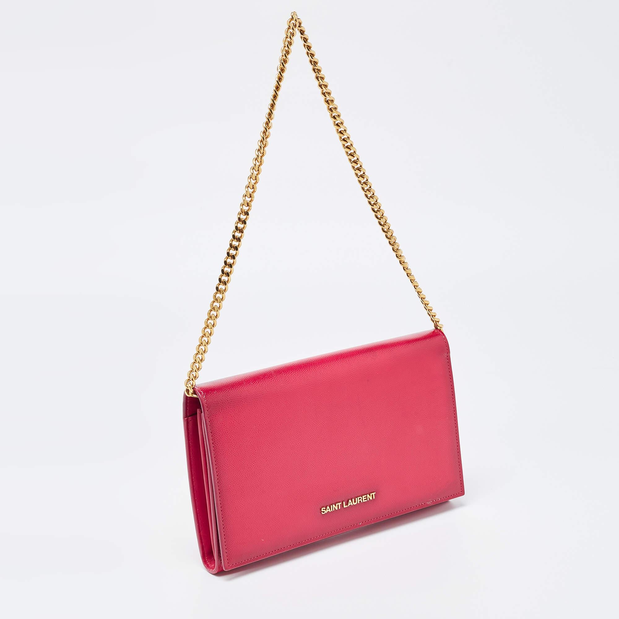 Saint Laurent Fuchsia Textured Patent Leather Classic Wallet on Chain 12