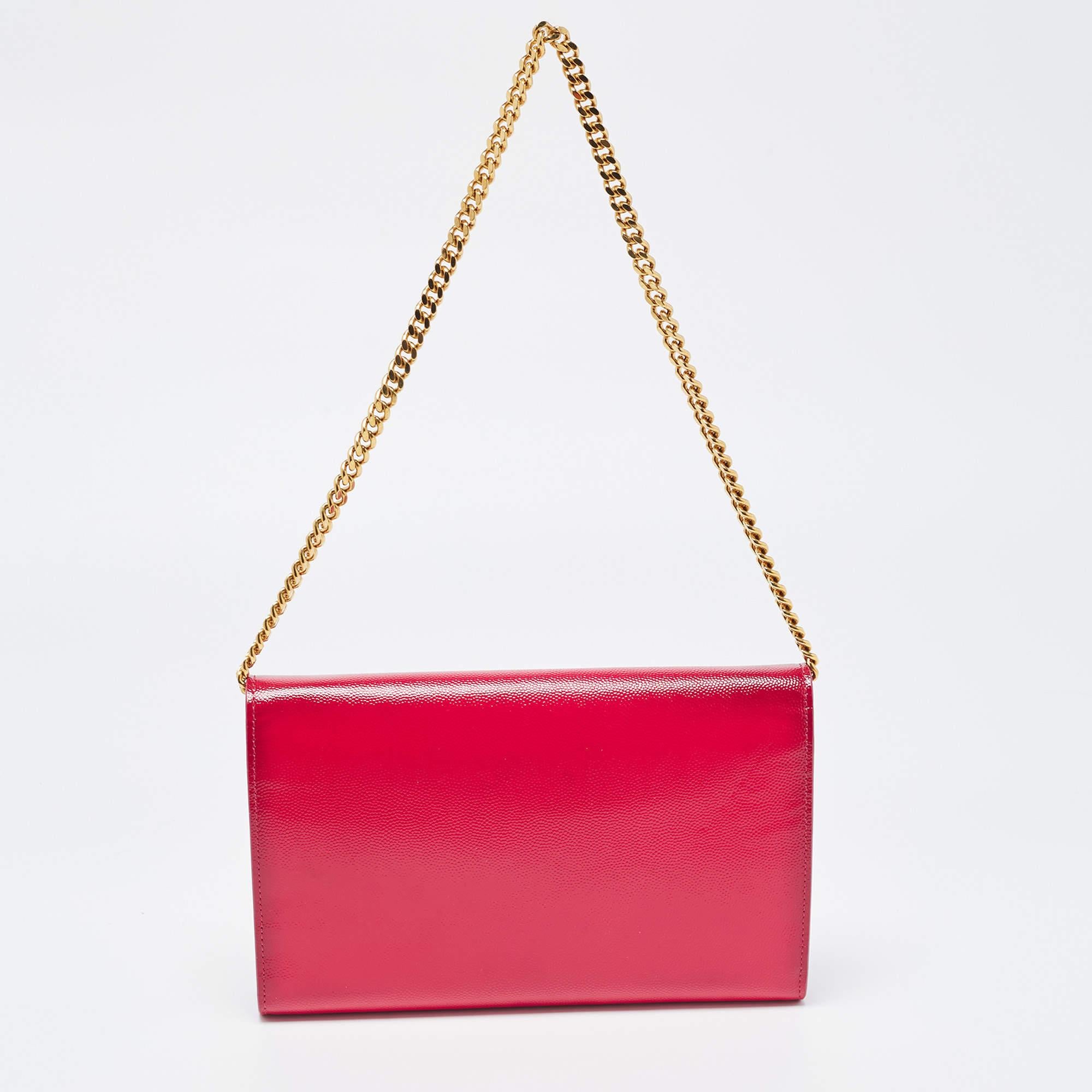 Saint Laurent Fuchsia Textured Patent Leather Classic Wallet on Chain 13