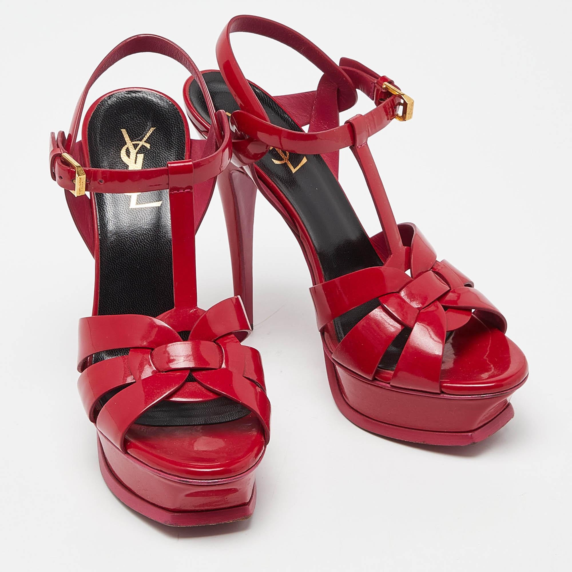 Saint Laurent Fushia Patent Leather Tribute Platform Sandals Size 37.5 For Sale 1