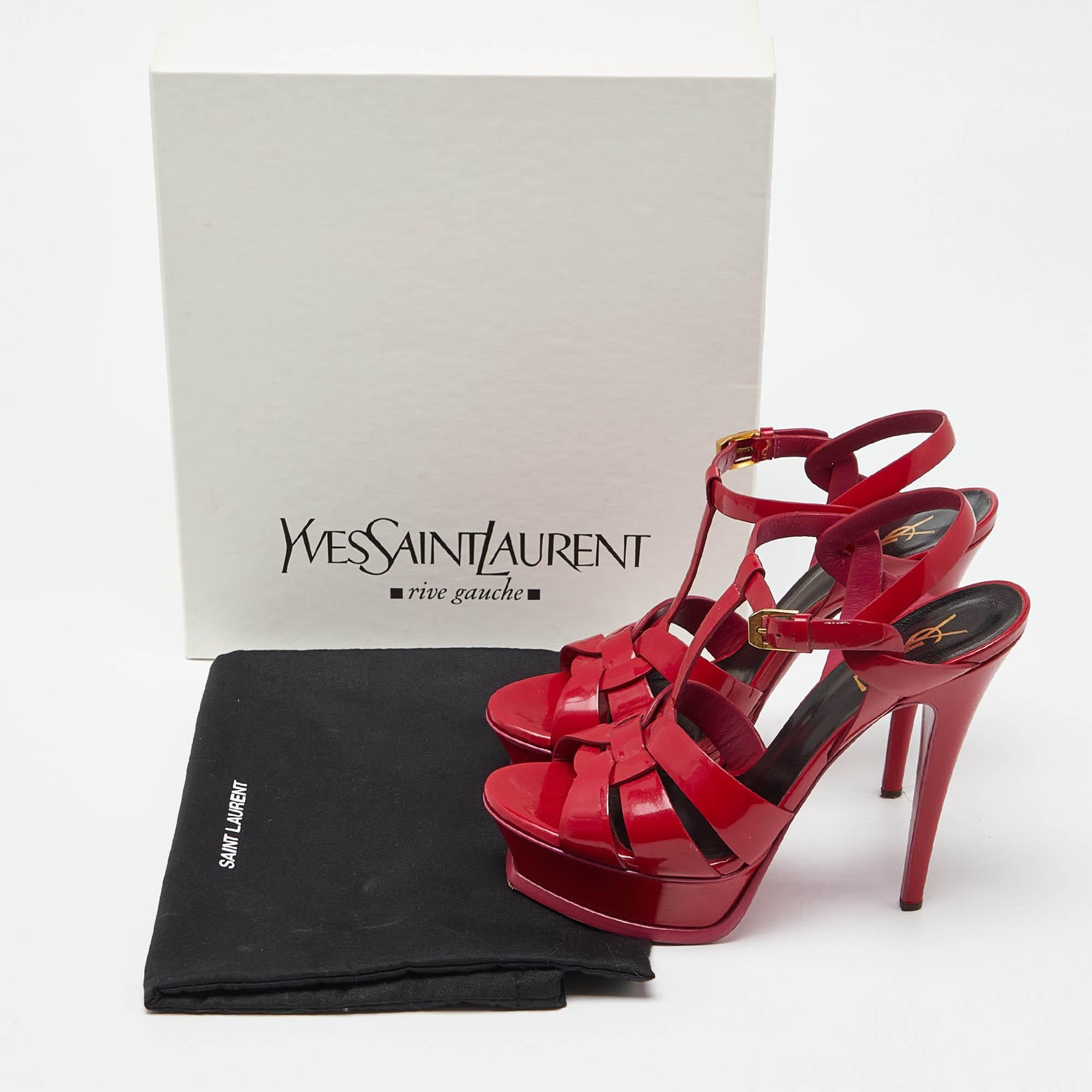 Saint Laurent Fushia Patent Leather Tribute Platform Sandals Size 37.5 For Sale 4