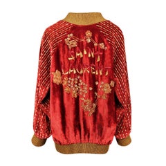 SAINT LAURENT FW19 Oversized Hand Beaded Red Velvet Bomber Jacket