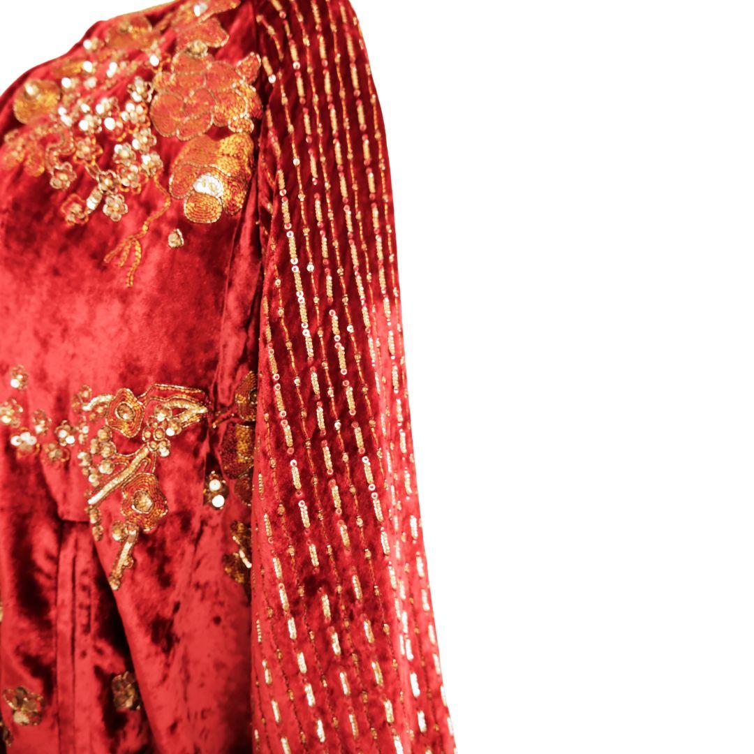 SAINT LAURENT FW19 Oversized Hand Beaded Red Velvet Bomber Jacket In Excellent Condition In Morongo Valley, CA