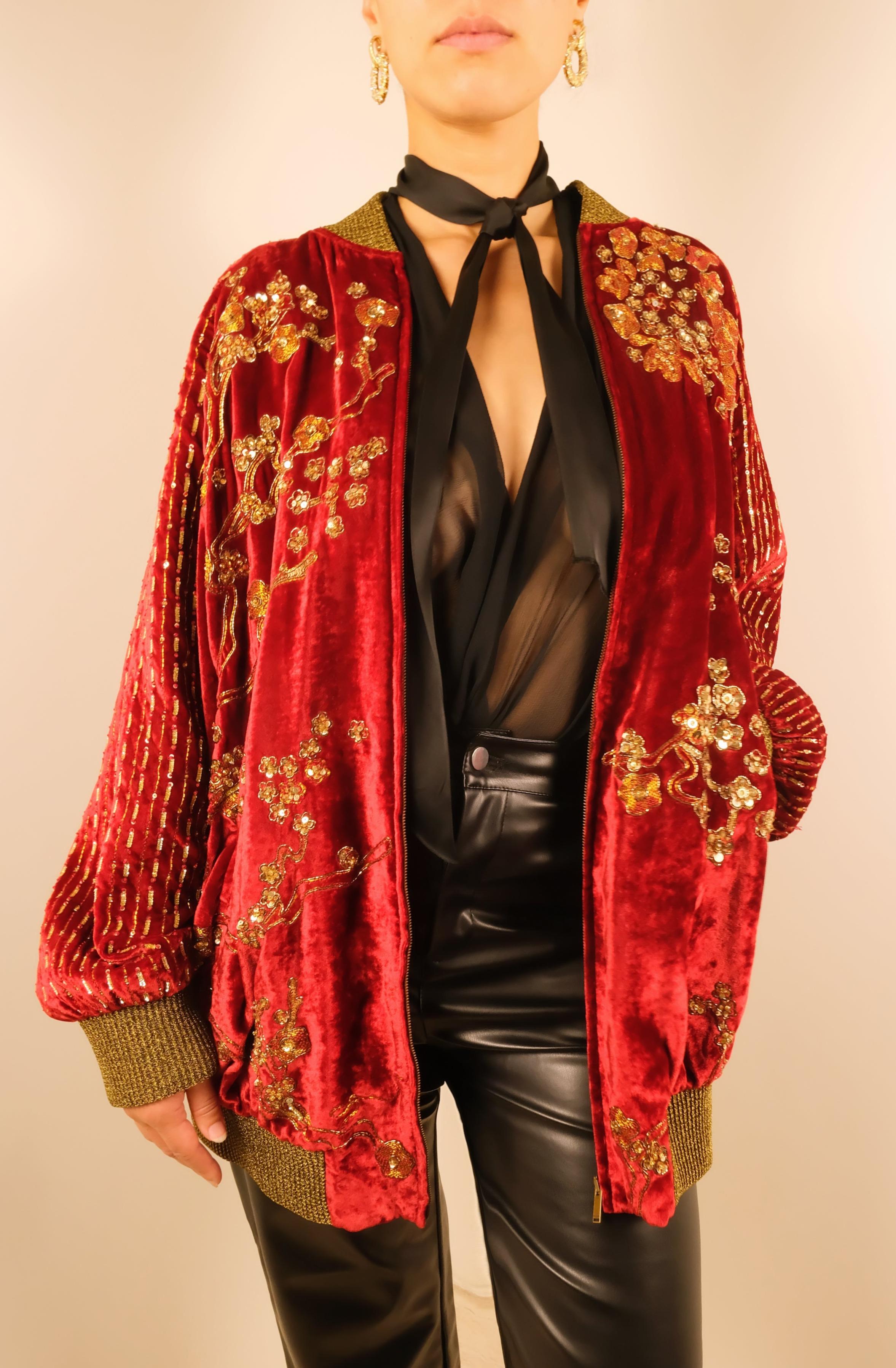 SAINT LAURENT FW19 Oversized Hand Beaded Red Velvet Bomber Jacket For Sale 3