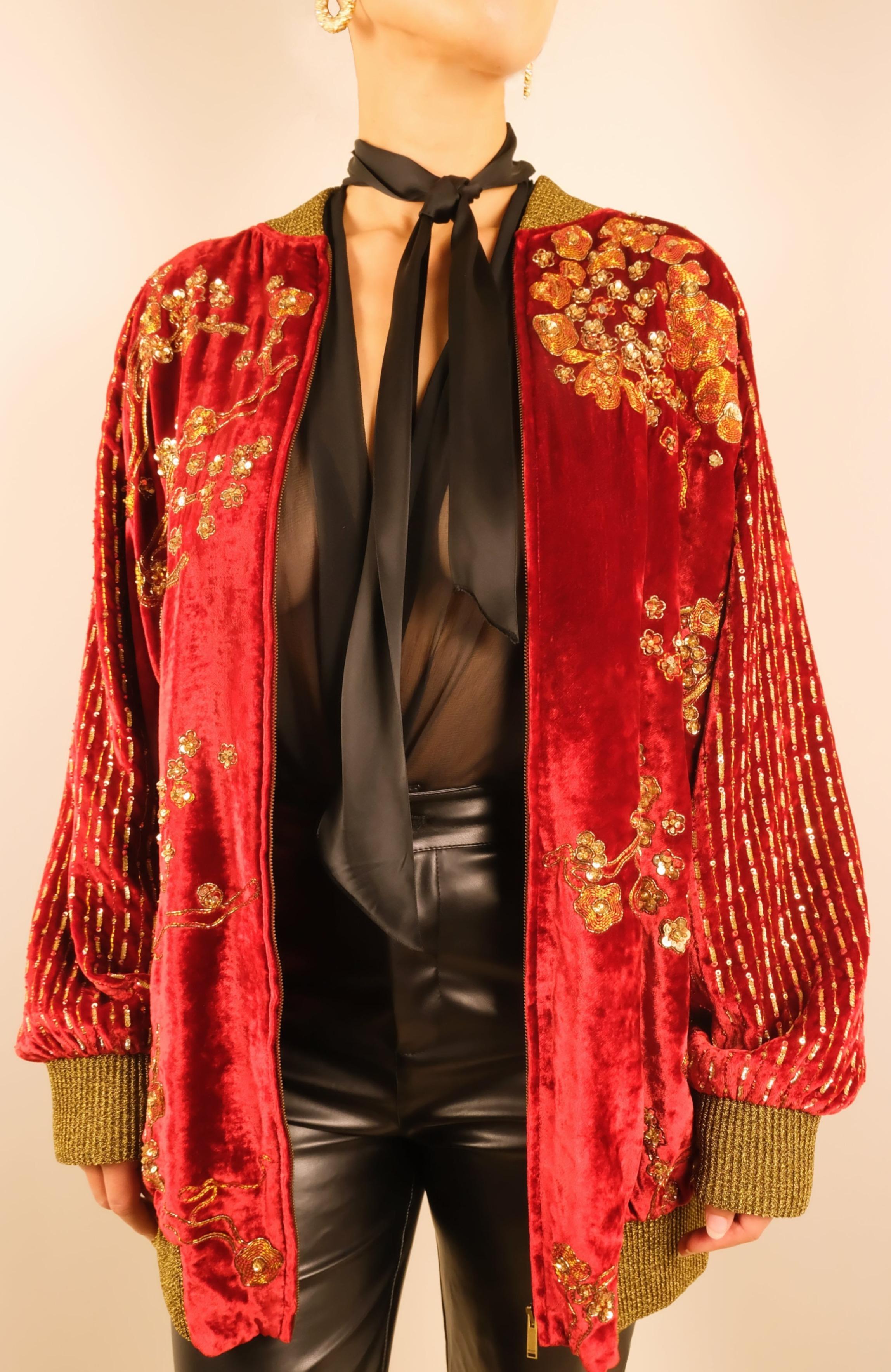 SAINT LAURENT FW19 Oversized Hand Beaded Red Velvet Bomber Jacket For Sale 4