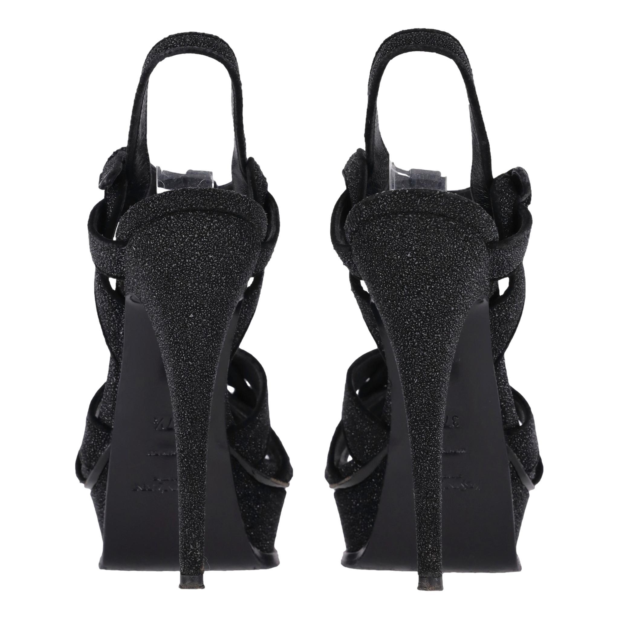 Saint Laurent Glitter Calfskin Tribute Platform Sandals In Good Condition For Sale In London, GB