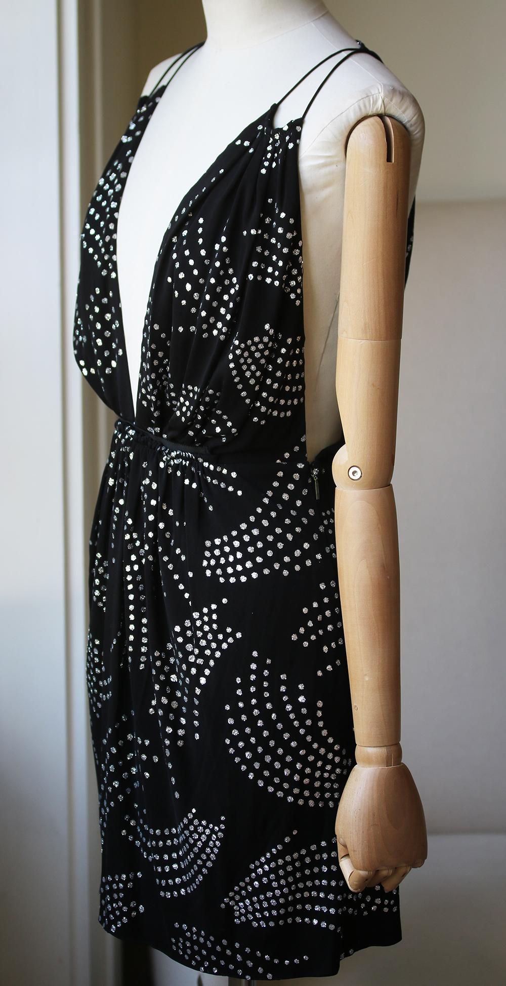 Self, Lining 1 & 2: 100% viscose. Made in France. Fully lined. Hidden side zip closure. Glitter embellished accents throughout.

Size: FR 36 (UK 8, US 4, IT 40)

Condition: New with tags. 