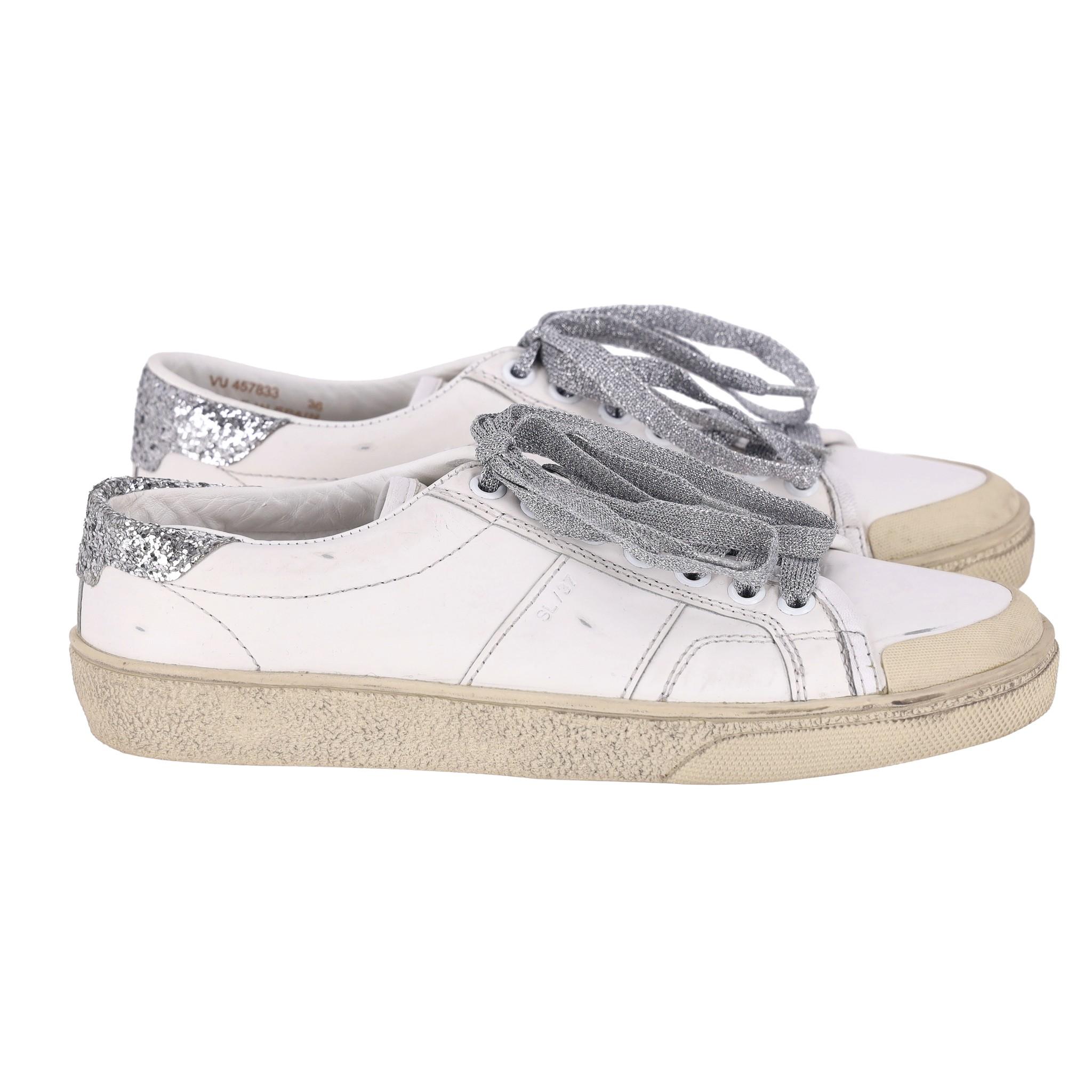 Gray Saint Laurent Glitter Detailed Leather Sneakers For Sale