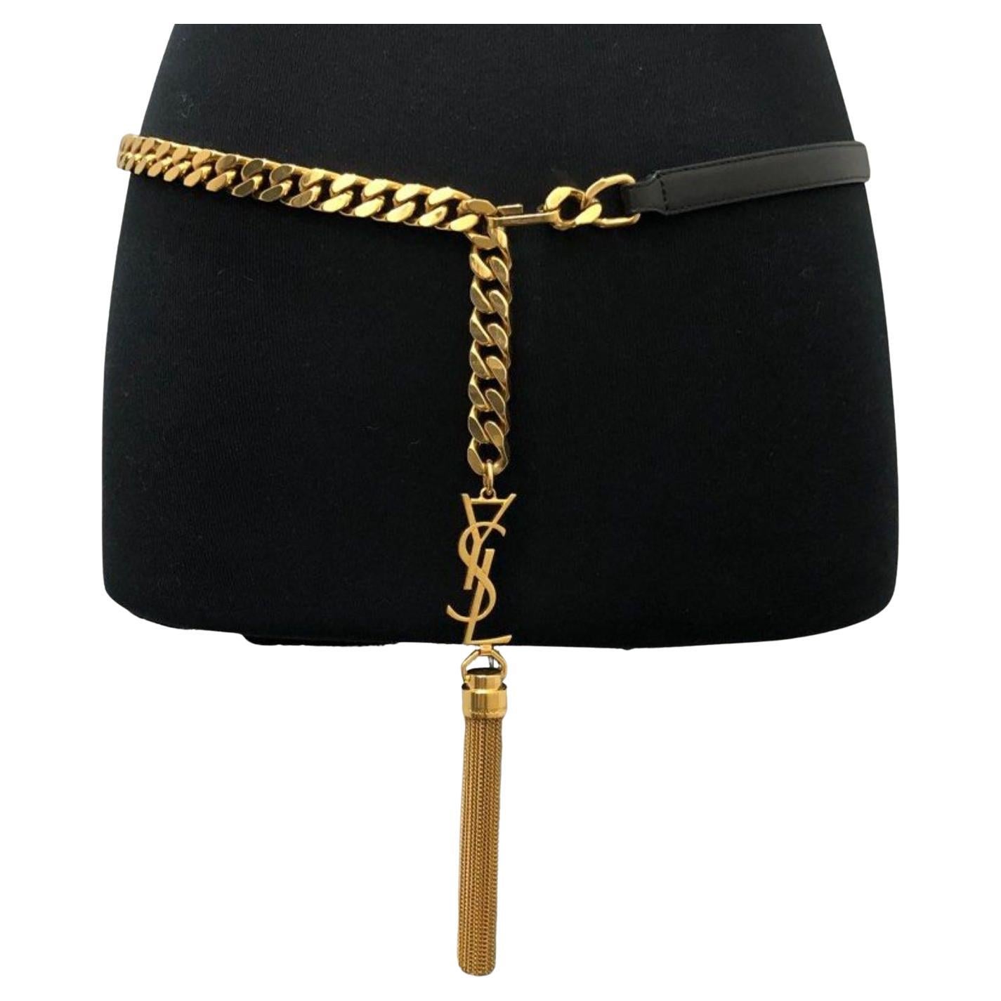 Saint Laurent Gold Chain Tassel Leather Initial Belt For Sale