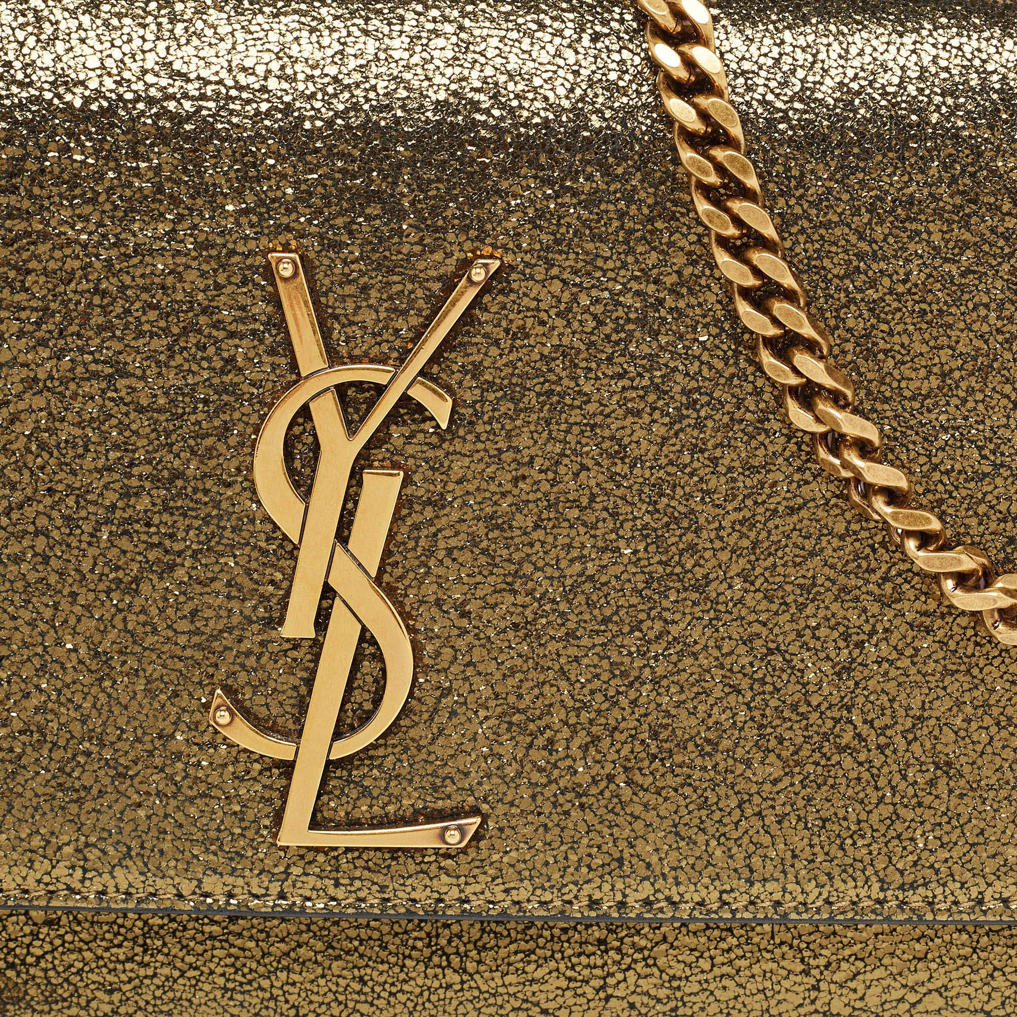 Saint Laurent Gold Crackled Leather New Small Kate Wallet on Chain 8