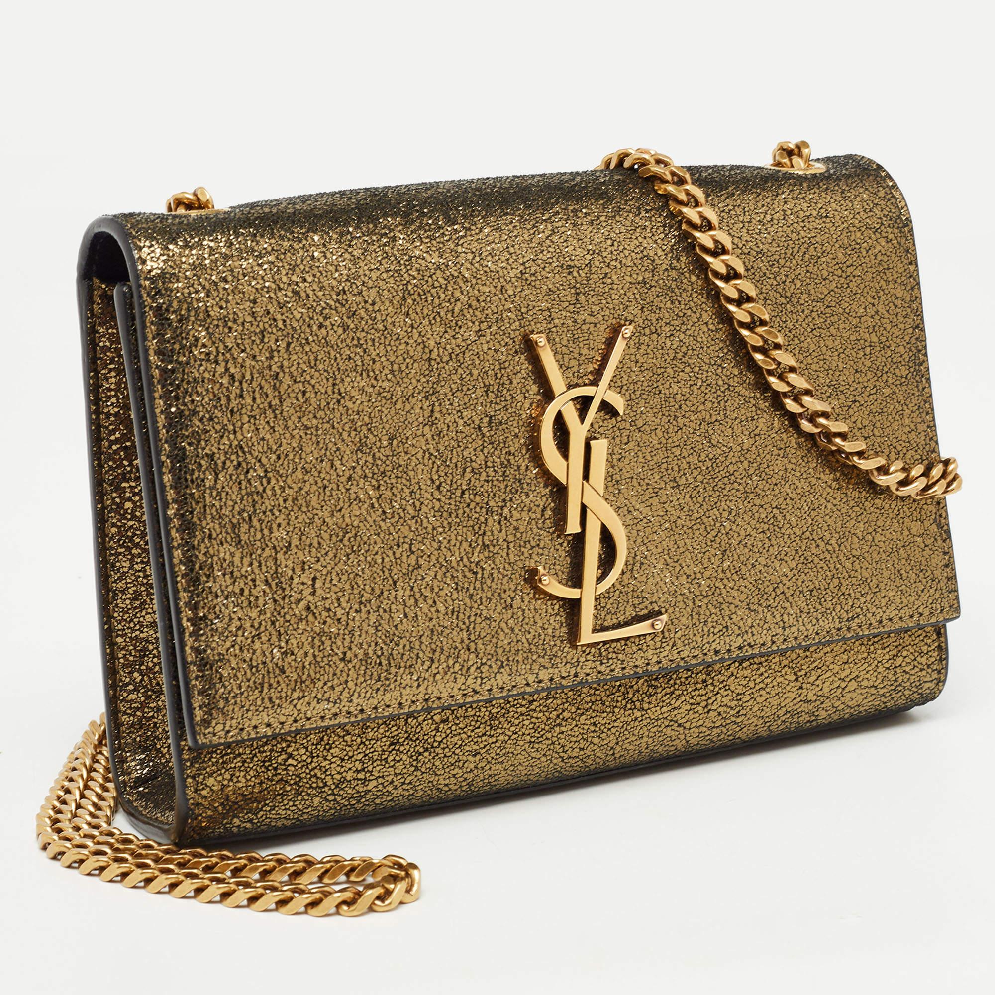 Saint Laurent Gold Crackled Leather New Small Kate Wallet on Chain 2