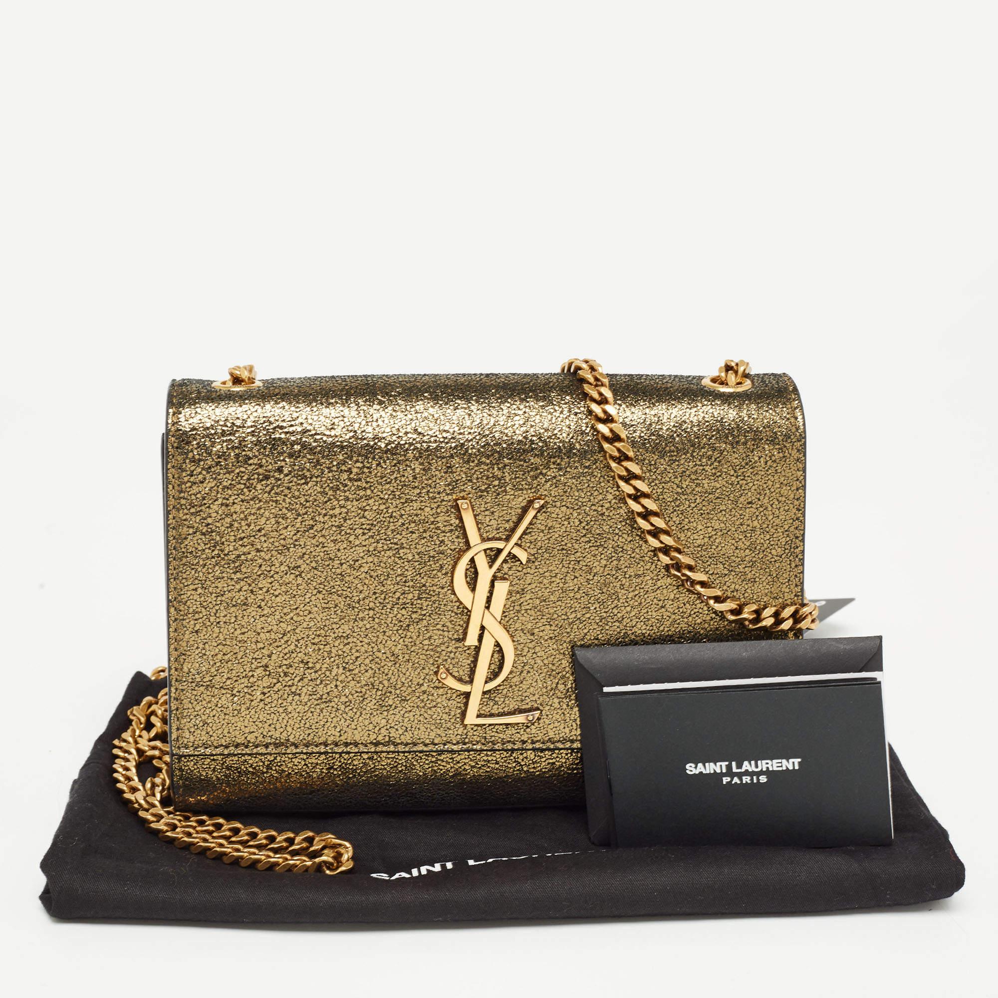 Saint Laurent Gold Crackled Leather New Small Kate Wallet on Chain 3