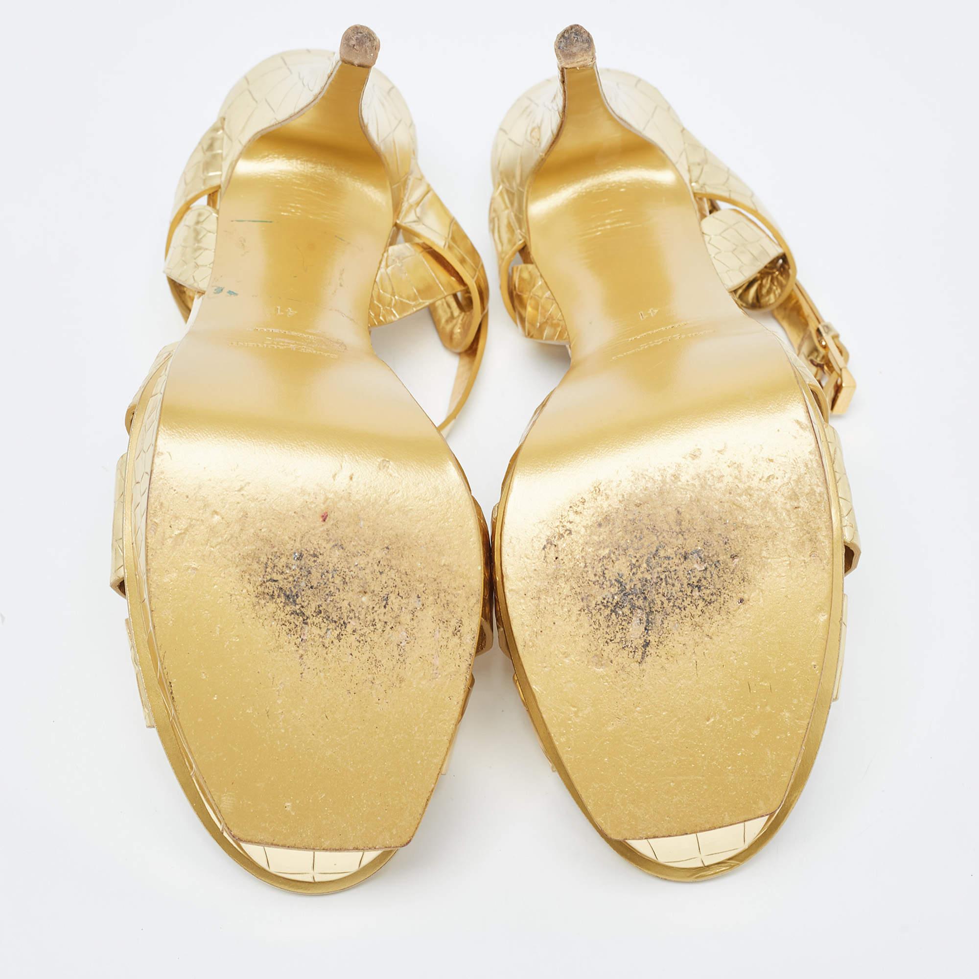 Women's Saint Laurent Gold Croc Embossed Leather Tribute Sandals Size 41 For Sale