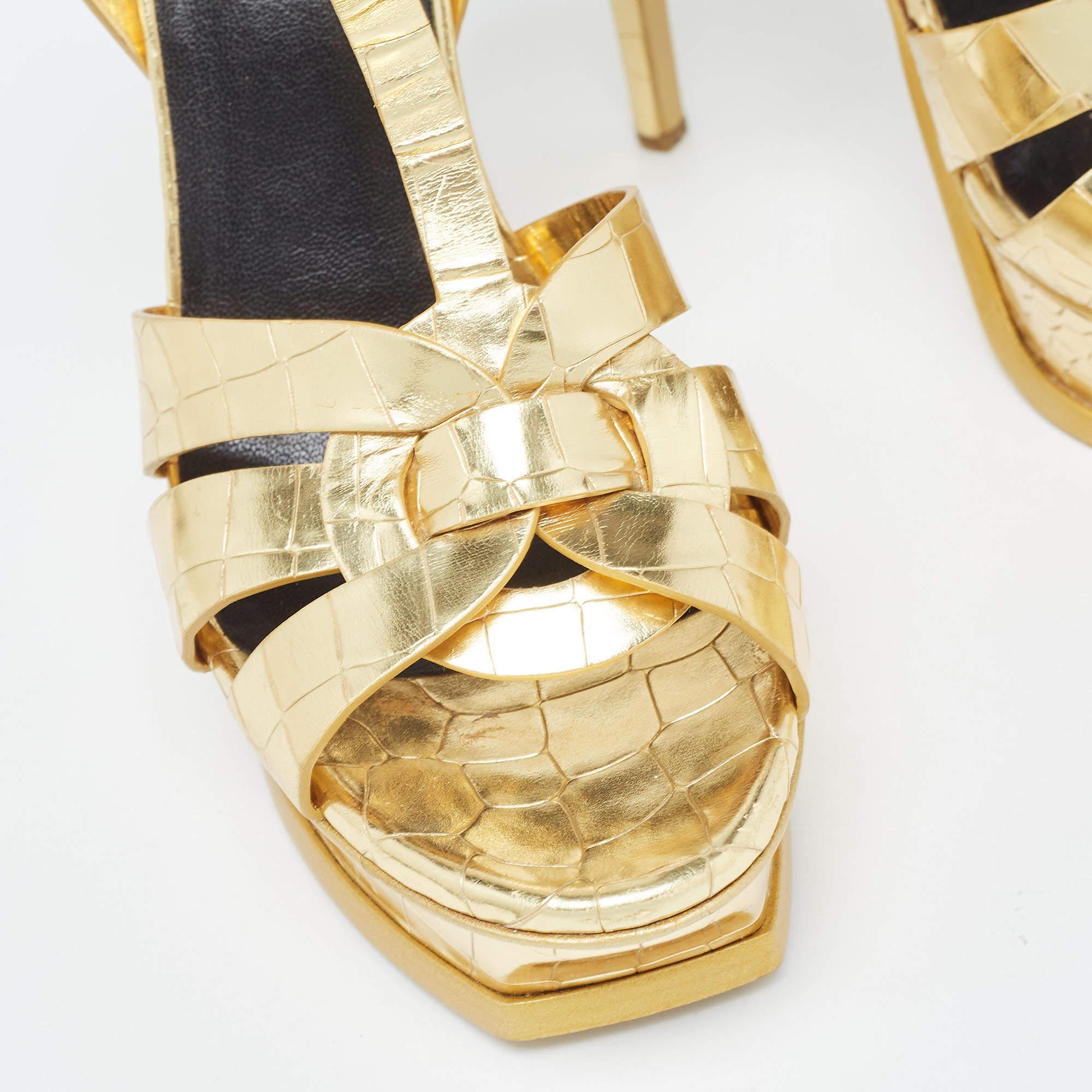 Saint Laurent Gold Croc Embossed Leather Tribute Sandals Size 41 4