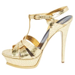 Saint Laurent Gold Croc Embossed Leather Tribute Sandals Size 41