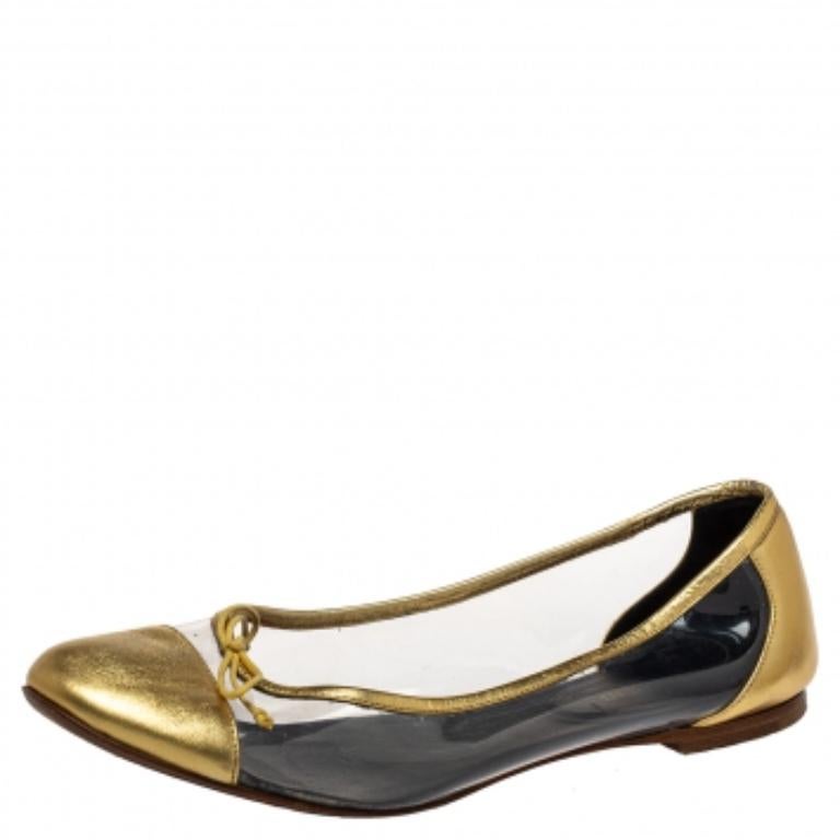 Women's Saint Laurent Gold Leather And PVC Ballet Flats Size 39.5 For Sale
