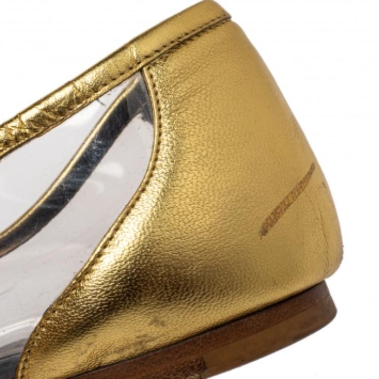 Saint Laurent Gold Leather And PVC Ballet Flats Size 39.5 For Sale 2