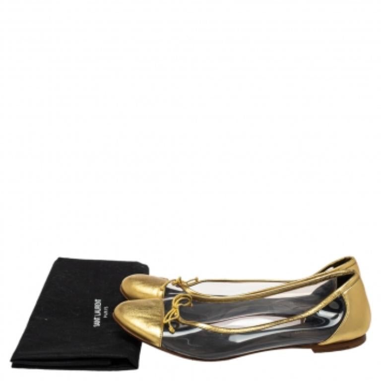 Saint Laurent Gold Leather And PVC Ballet Flats Size 39.5 For Sale 4