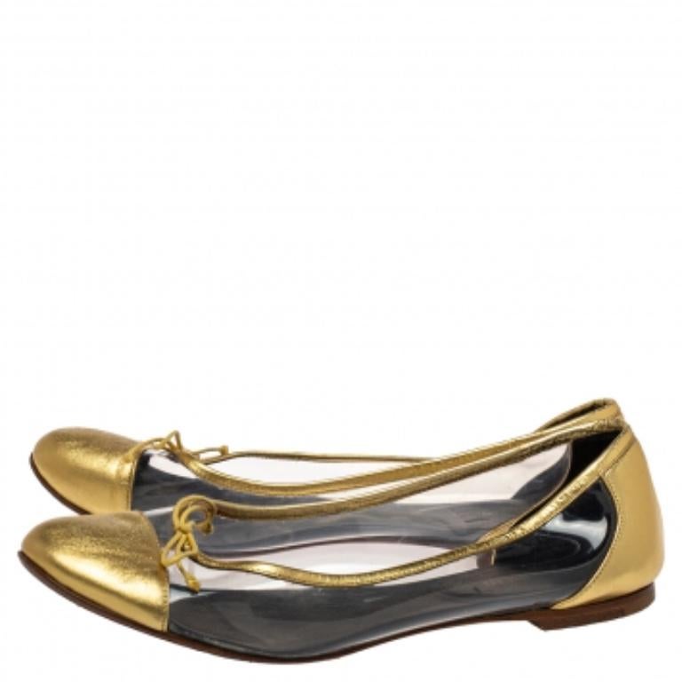 Saint Laurent Gold Leather And PVC Ballet Flats Size 39.5 For Sale 5