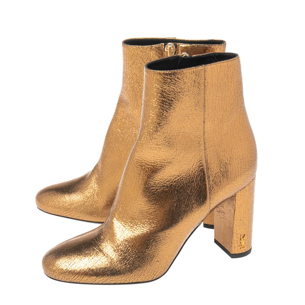 Brown Saint Laurent Gold Leather Ankle Boots Size 37