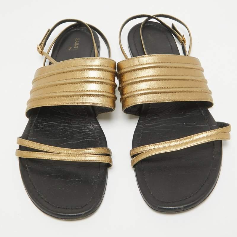 Brown Saint Laurent Gold Leather Ankle Strap Flats Size 41