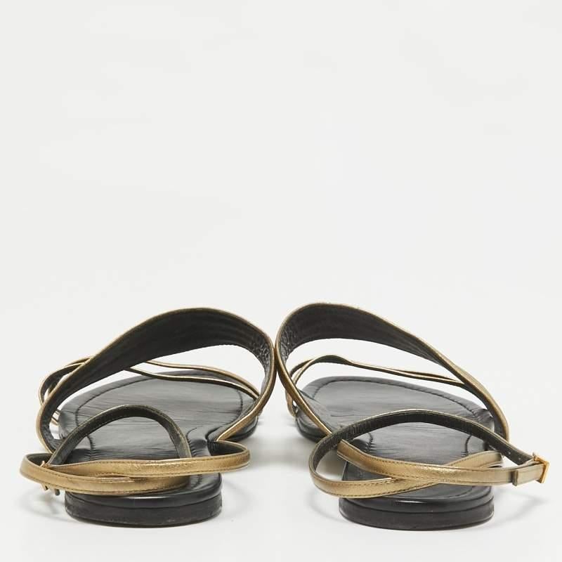 Women's Saint Laurent Gold Leather Ankle Strap Flats Size 41