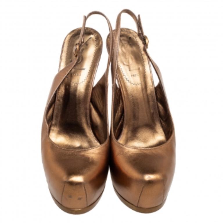 Women's Saint Laurent Gold Leather Tribtoo Slingback Sandals Size 36.5 For Sale