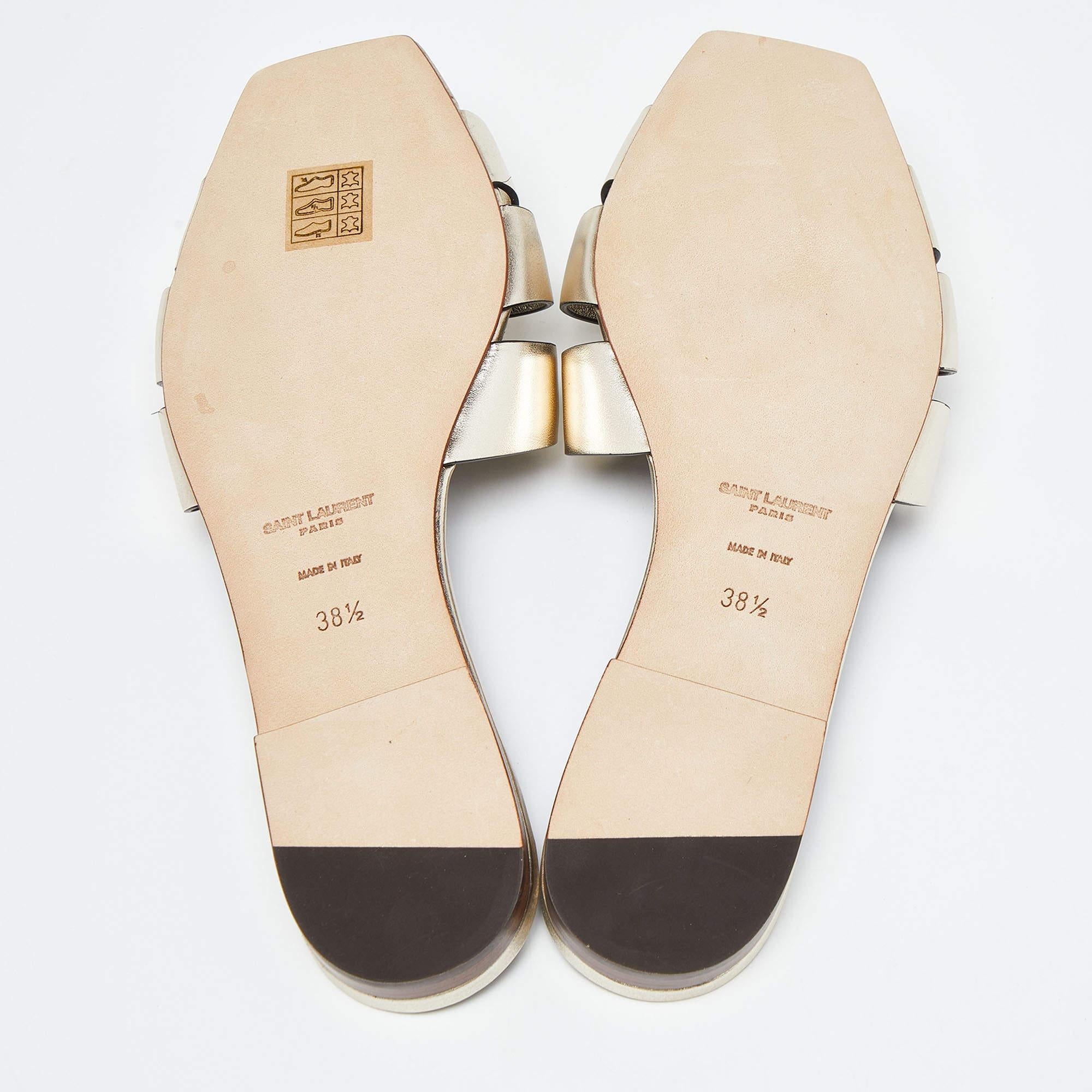 Women's Saint Laurent Gold Leather Tribute Flat Slides Size 38.5