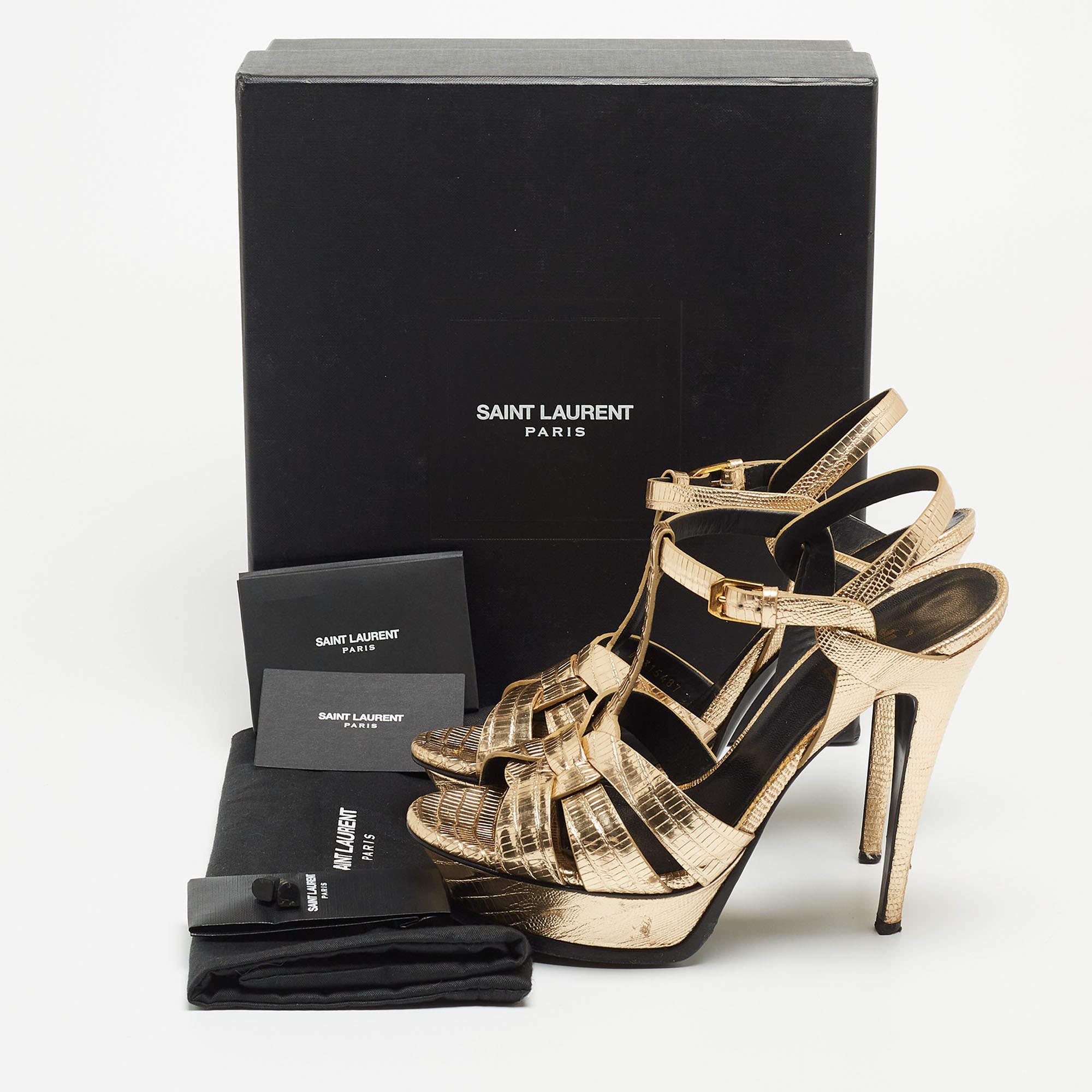 Saint Laurent Gold Lizard Embossed Leather Tribute Ankle Strap Sandals  8