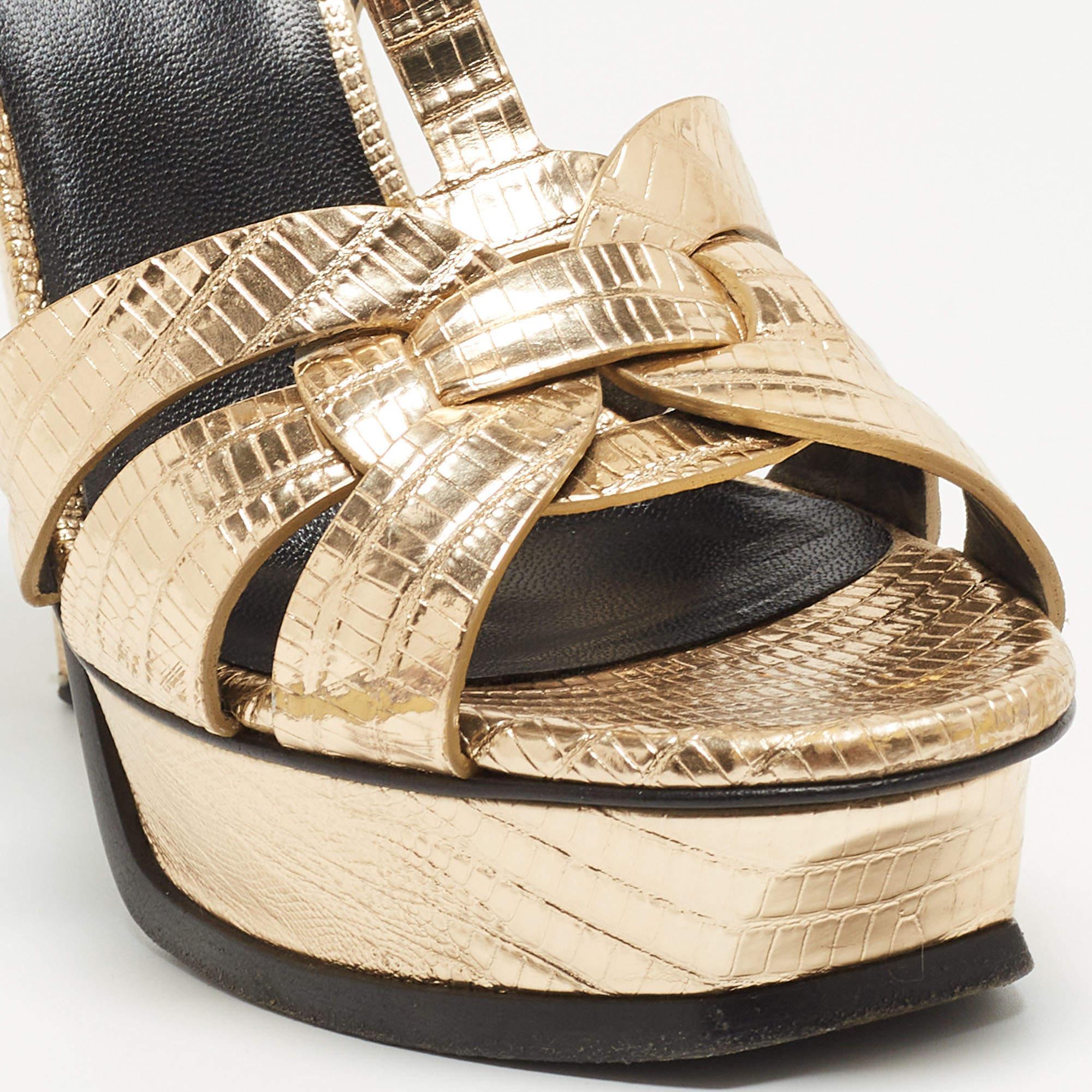 Saint Laurent Gold Lizard Embossed Leather Tribute Ankle Strap Sandals  In Good Condition In Dubai, Al Qouz 2