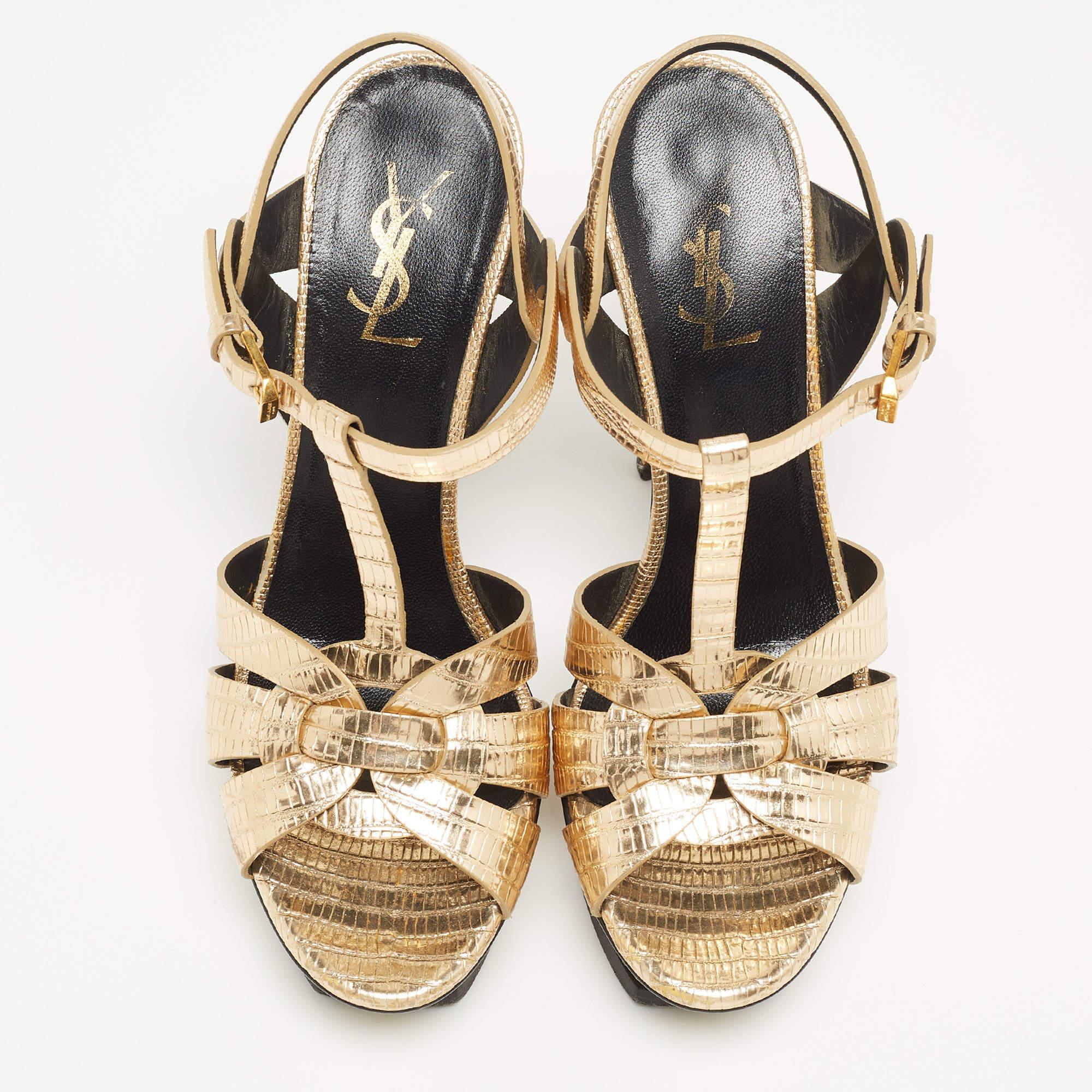 Saint Laurent Gold Lizard Embossed Leather Tribute Ankle Strap Sandals  3
