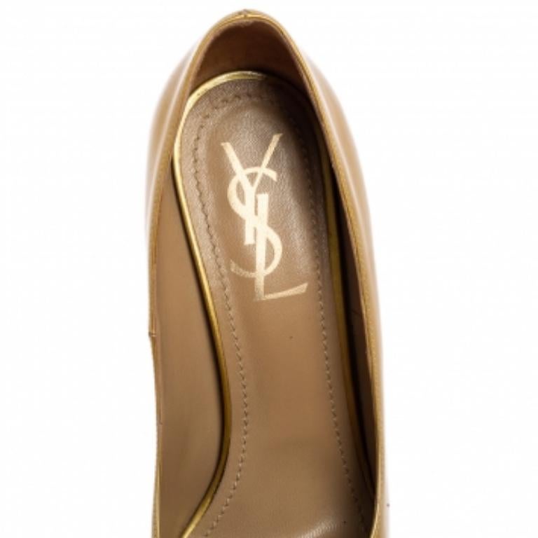 Marron Saint Laurent Tribtoo escarpins à plateforme en cuir verni doré taille 37,5 en vente