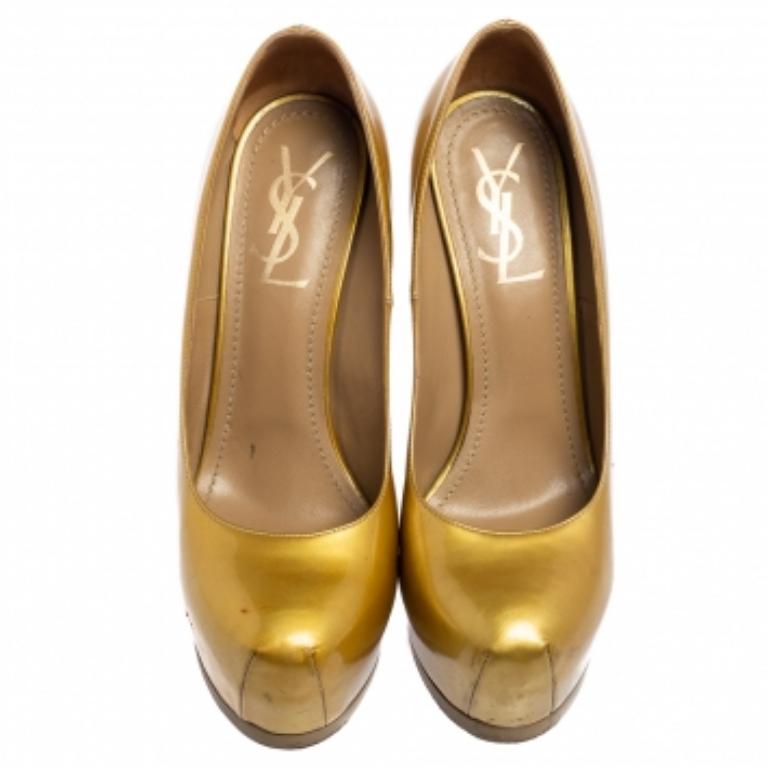 Saint Laurent Tribtoo escarpins à plateforme en cuir verni doré taille 37,5 en vente 2