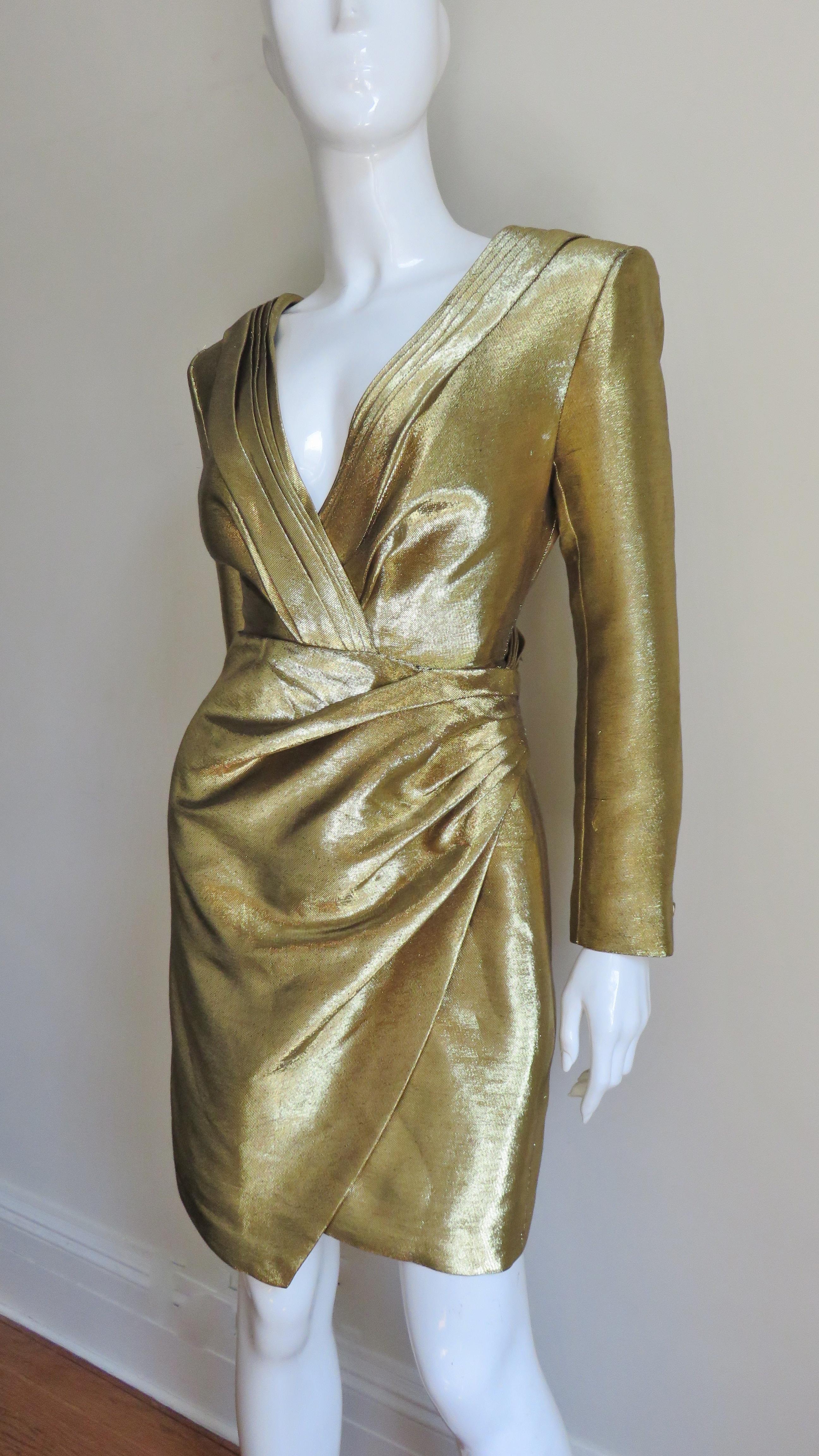 Brown Saint Laurent Gold Wrap Dress S/S 2014 For Sale