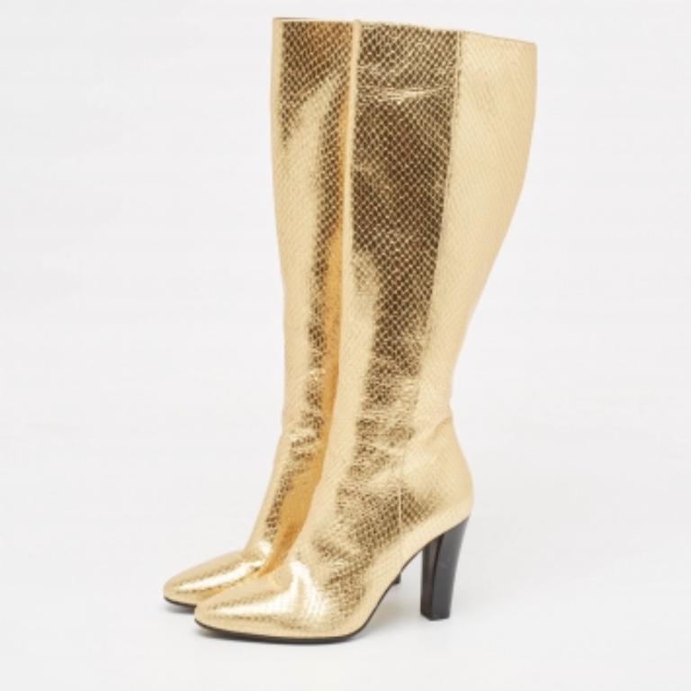Saint Laurent - Bottes à genoux en cuir gaufré python doré - Taille 35 en vente 3