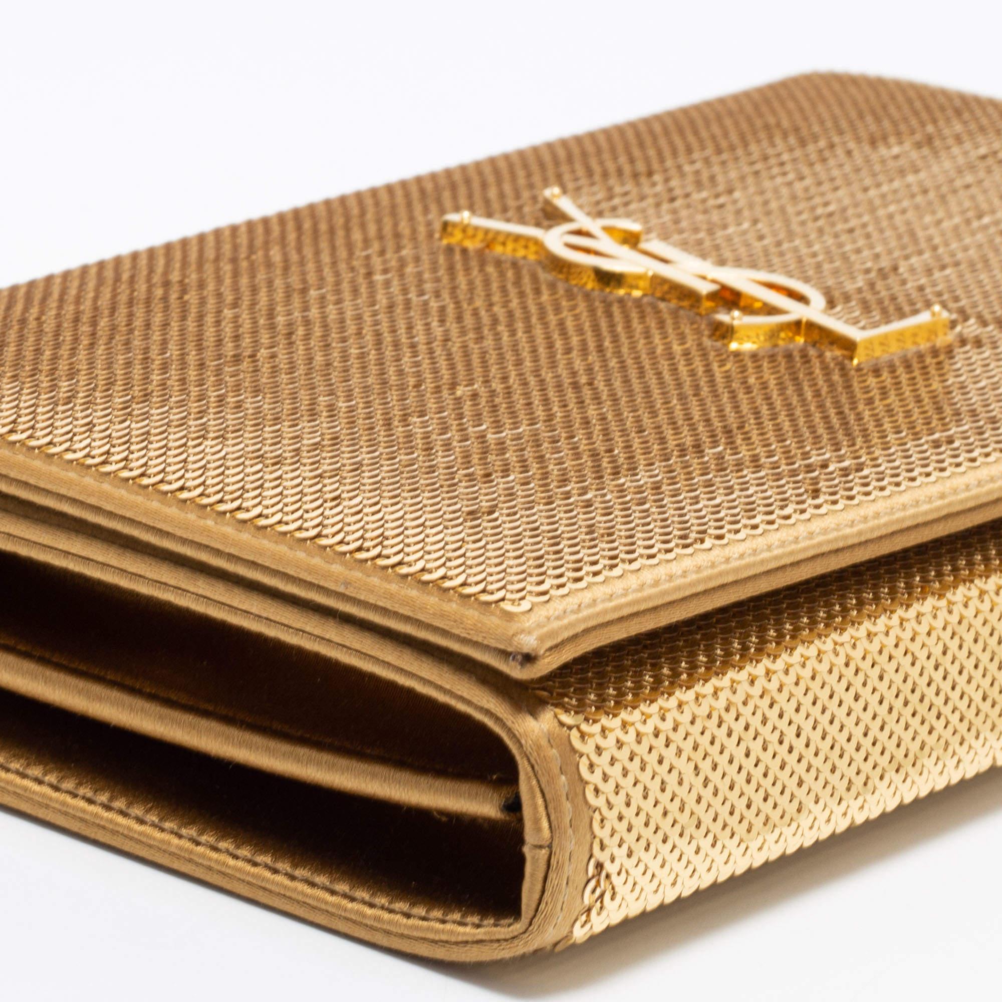Saint Laurent Gold Sequin and Satin Monogram Wallet On Chain 1
