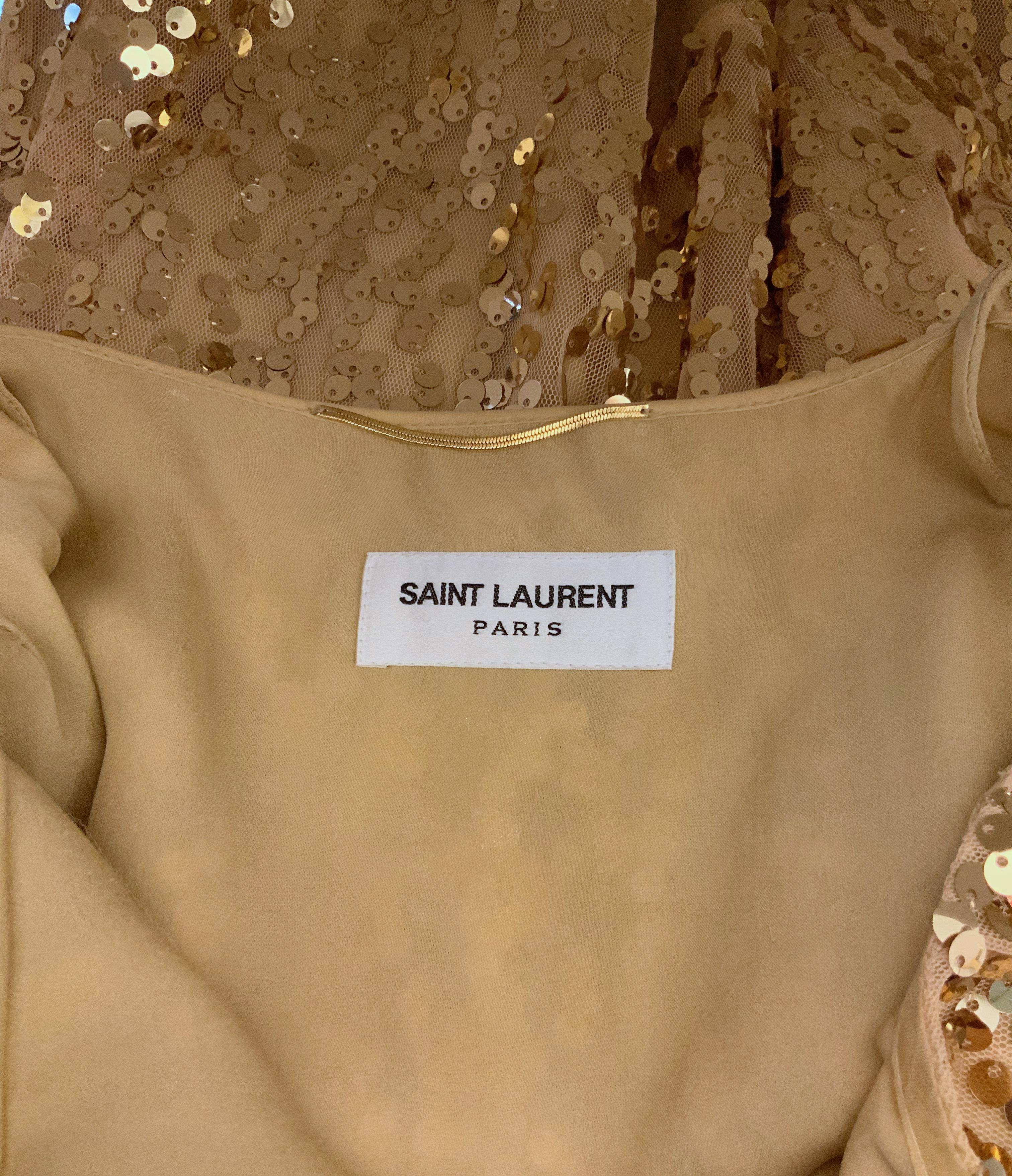 Brown Saint Laurent Gold Sequin Spaghetti Strap Lingerie Mini Dress