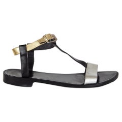 SAINT LAURENT gold silver black leather T-STRAP FLAT Sandals Shoes 37.5