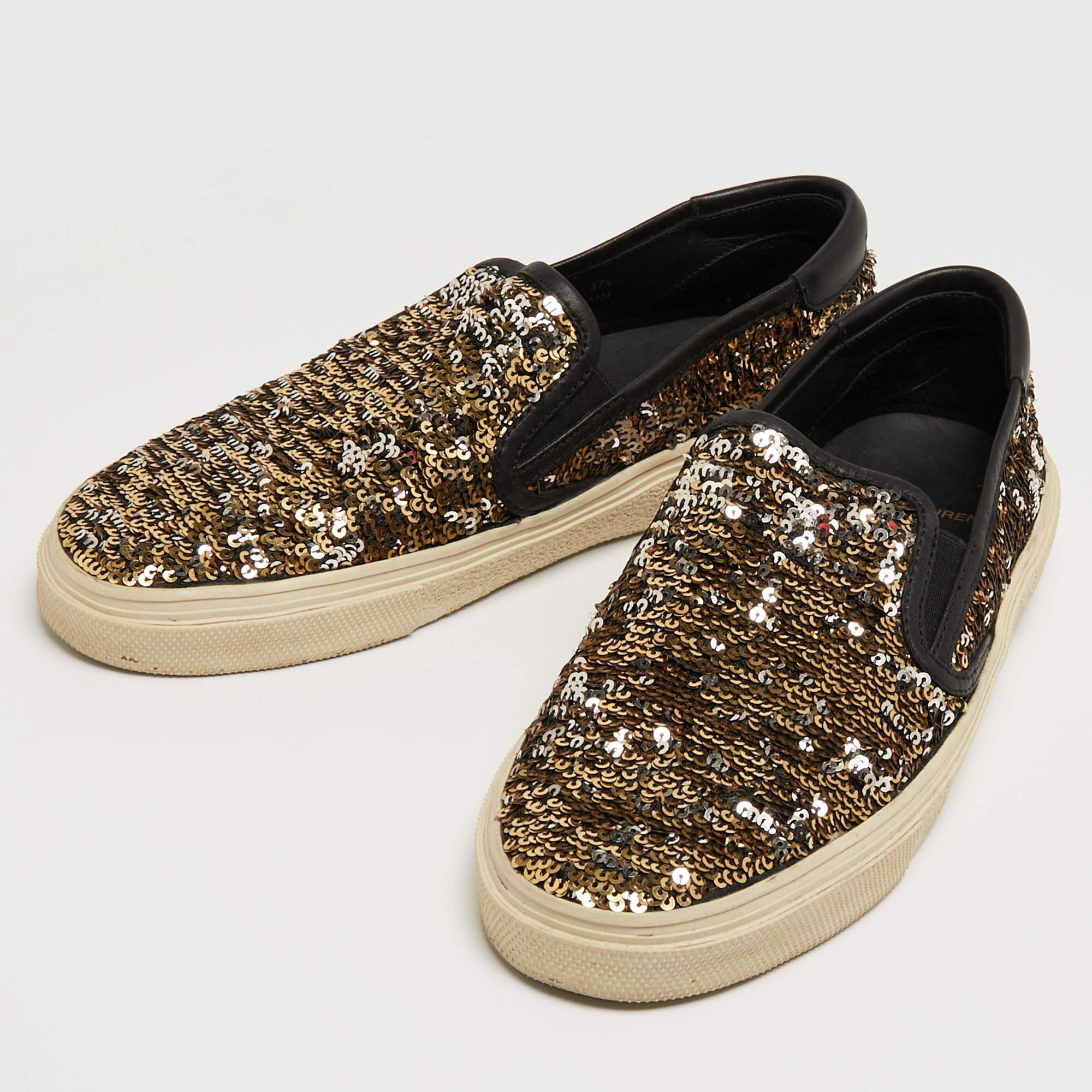 Beige Saint Laurent Gold/Silver Sequins Slip On Sneakers Size 37.5