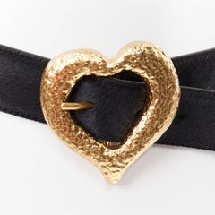 SAINT LAURENT gold tone hammered heart buckle black calf hair belt 80cm